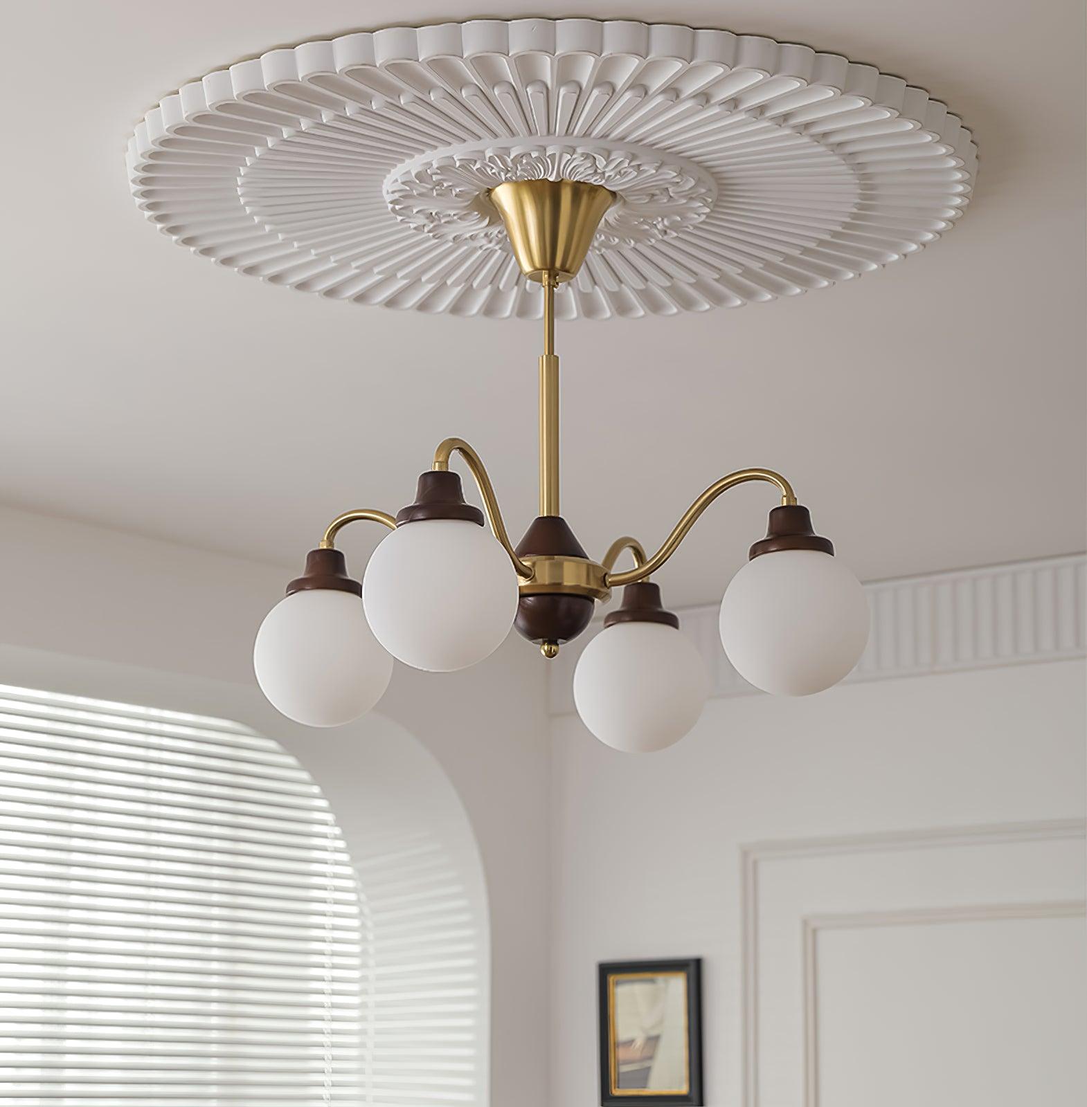 Chandelier Gold Arms&Ash Wood White Glass Globes Retro - Neutralighting