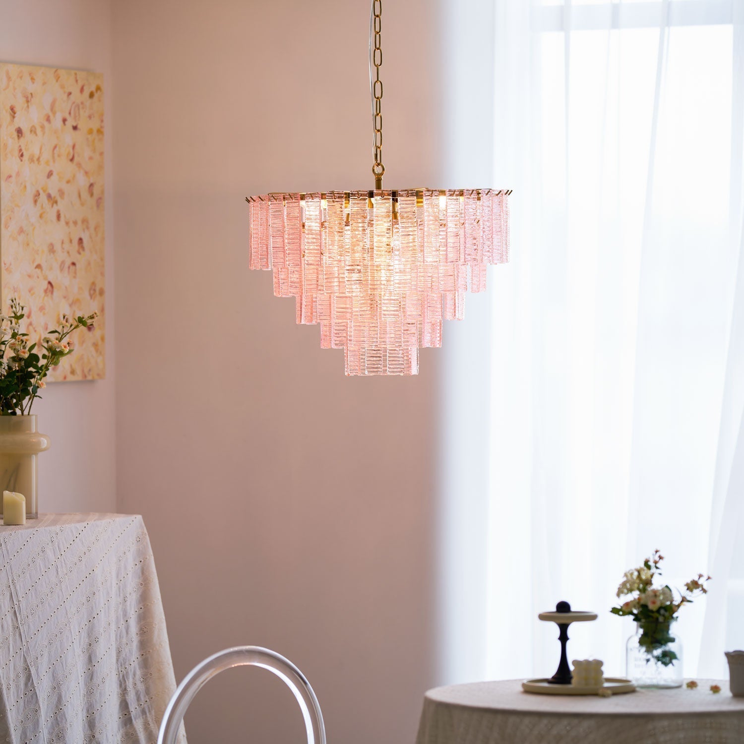 Aurora Chandelier Pink Murano Glass Layered Vintage Luxury