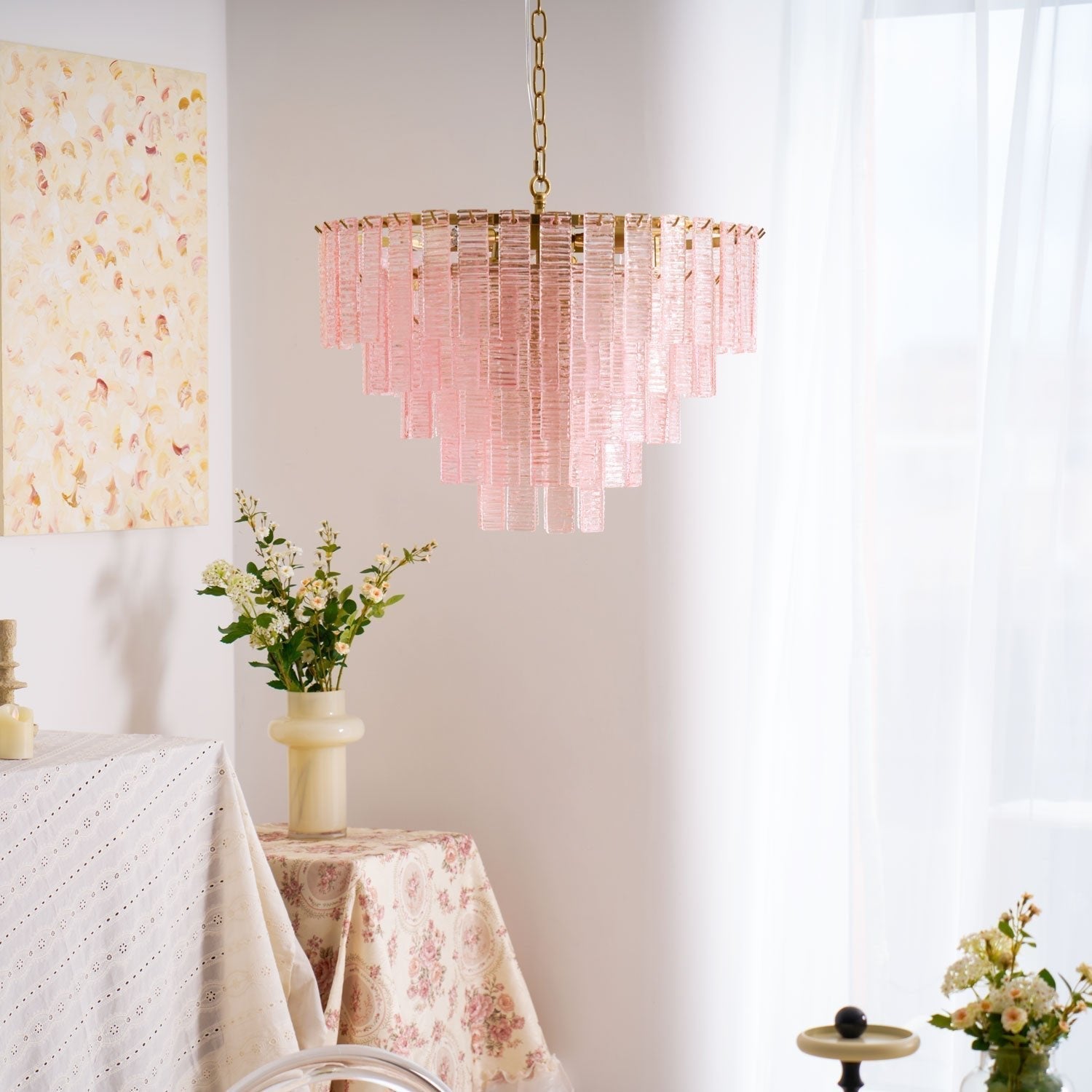 Aurora Chandelier Pink Murano Glass Layered Vintage Luxury