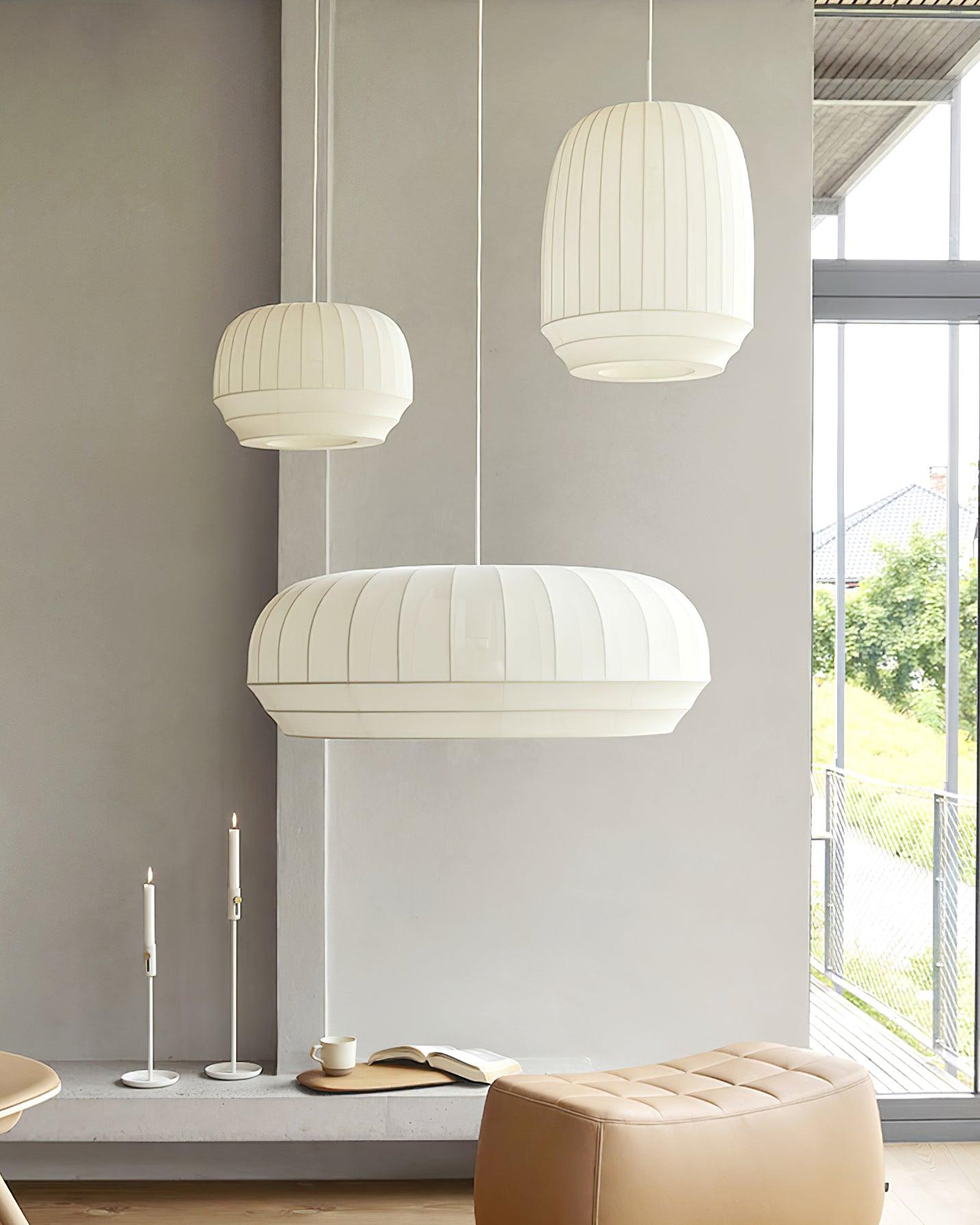 Pendant Lamp Silk Shade White Fabric Vertical Lines Soft Modern Minimalist - Neutralighting