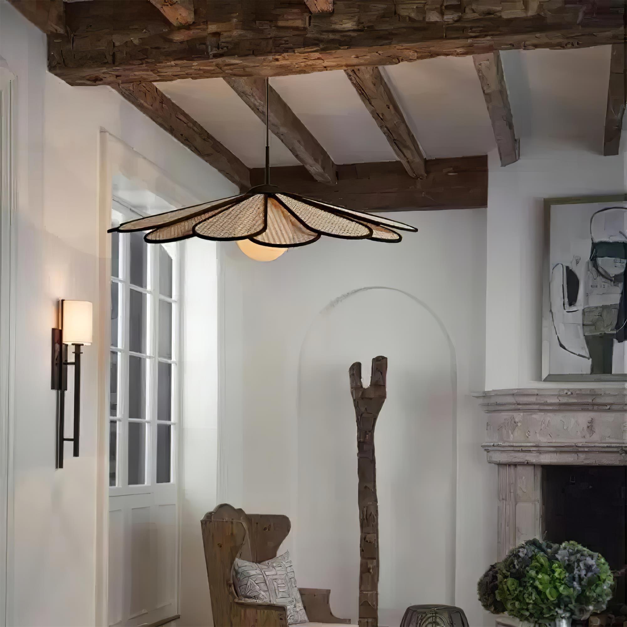Pendant Lamp Rattan Petal Shade Metal Frame Tropical - Neutralighting