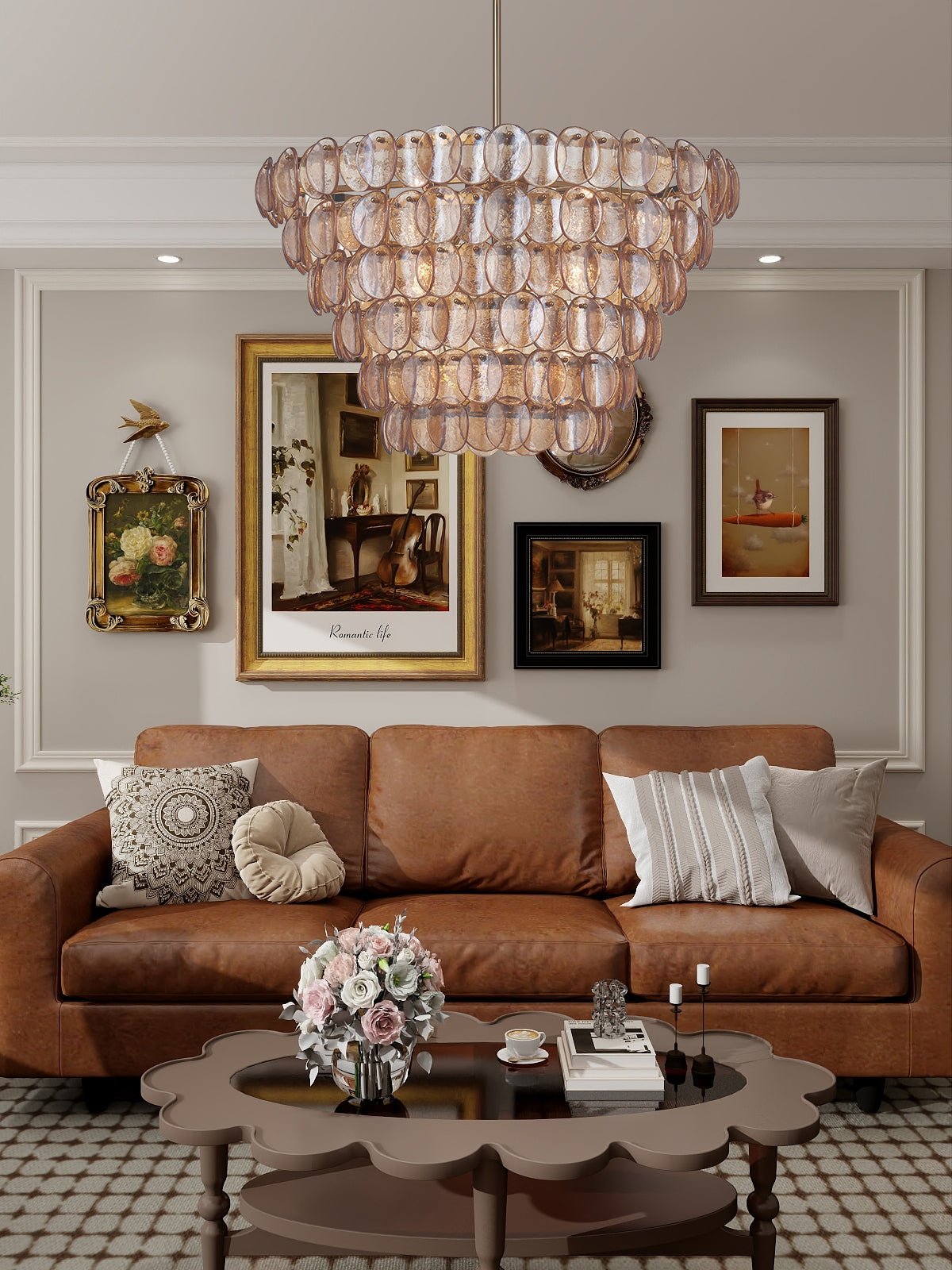 Aurora Chandelier Large Amber Glass Disc Fish Scale Brass - Neutralighting