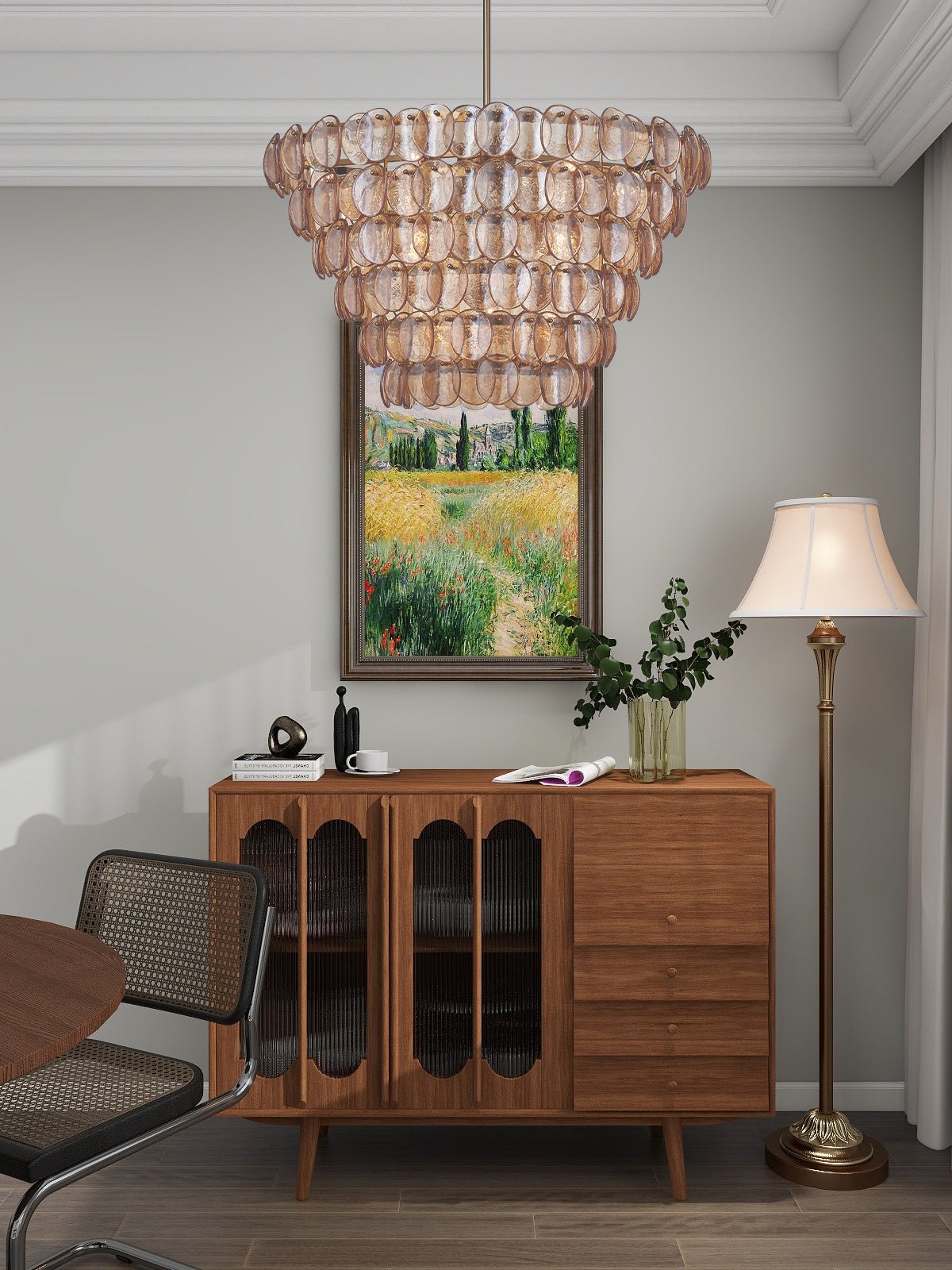 Aurora Chandelier Large Amber Glass Disc Fish Scale Brass - Neutralighting