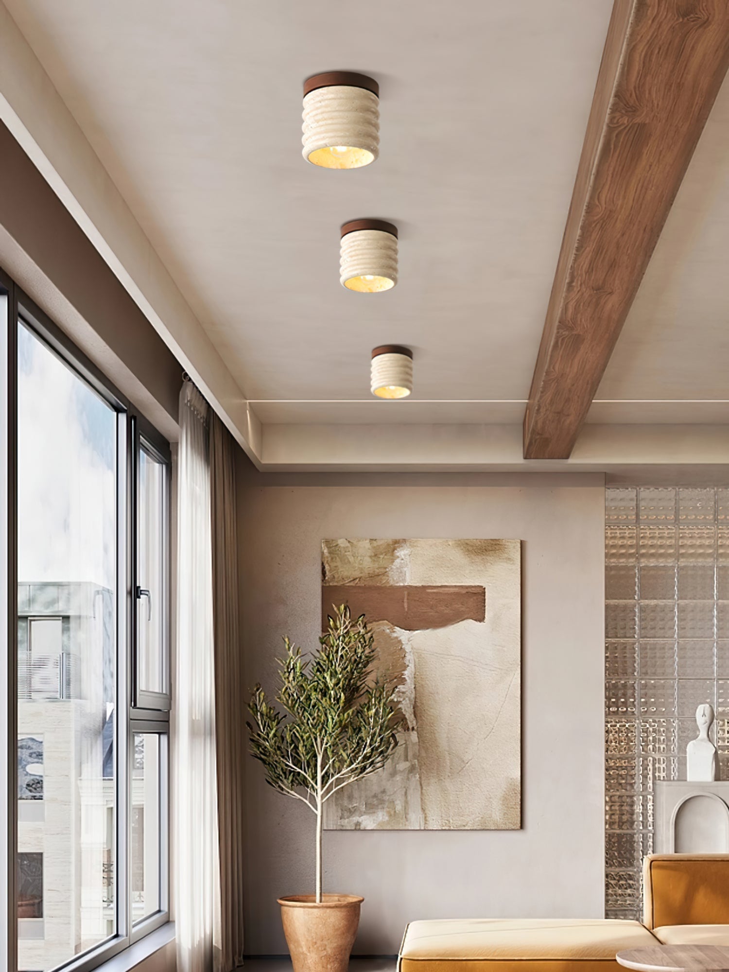 Neptune Travertine Ceiling Light Ribbed Design - Neutralighting