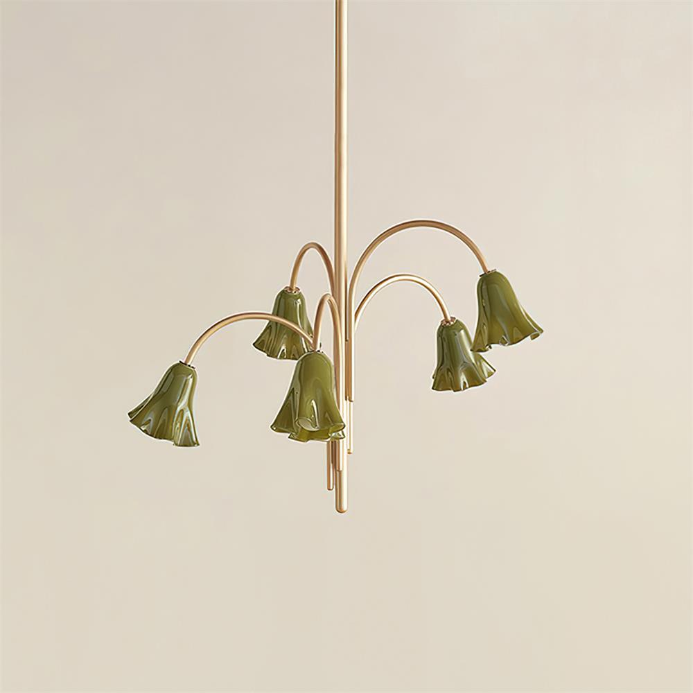 Chandelier Flower-Shaped Glass Shades on Gold Metal Arms for Dining - Neutralighting