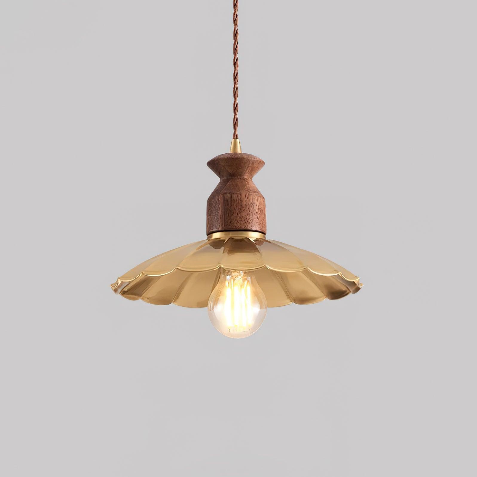 Pendant Lamp Scalloped Brass Shade Walnut Wood Vintage - Neutralighting