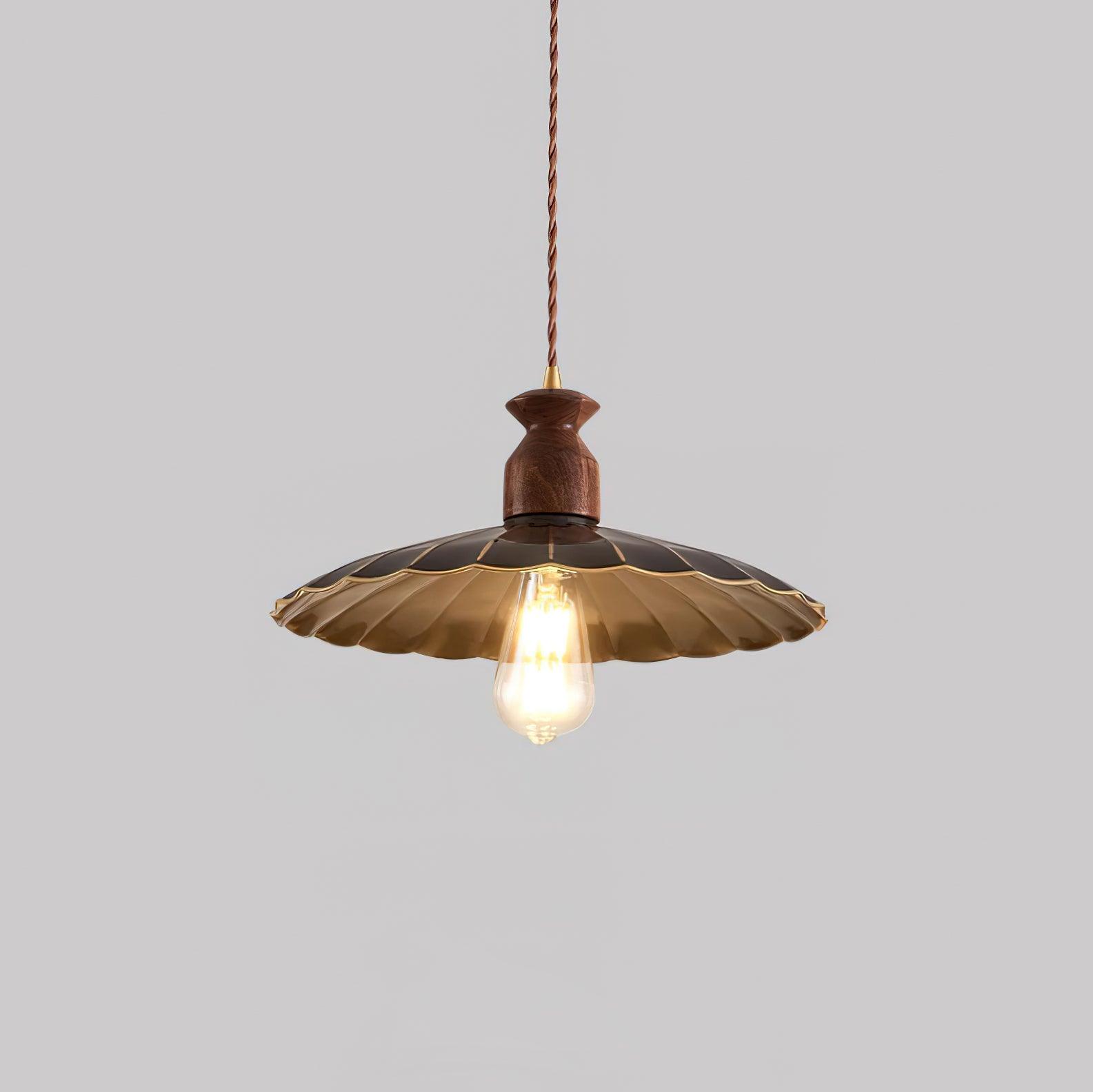 Pendant Lamp Scalloped Brass Shade Walnut Wood Vintage - Neutralighting
