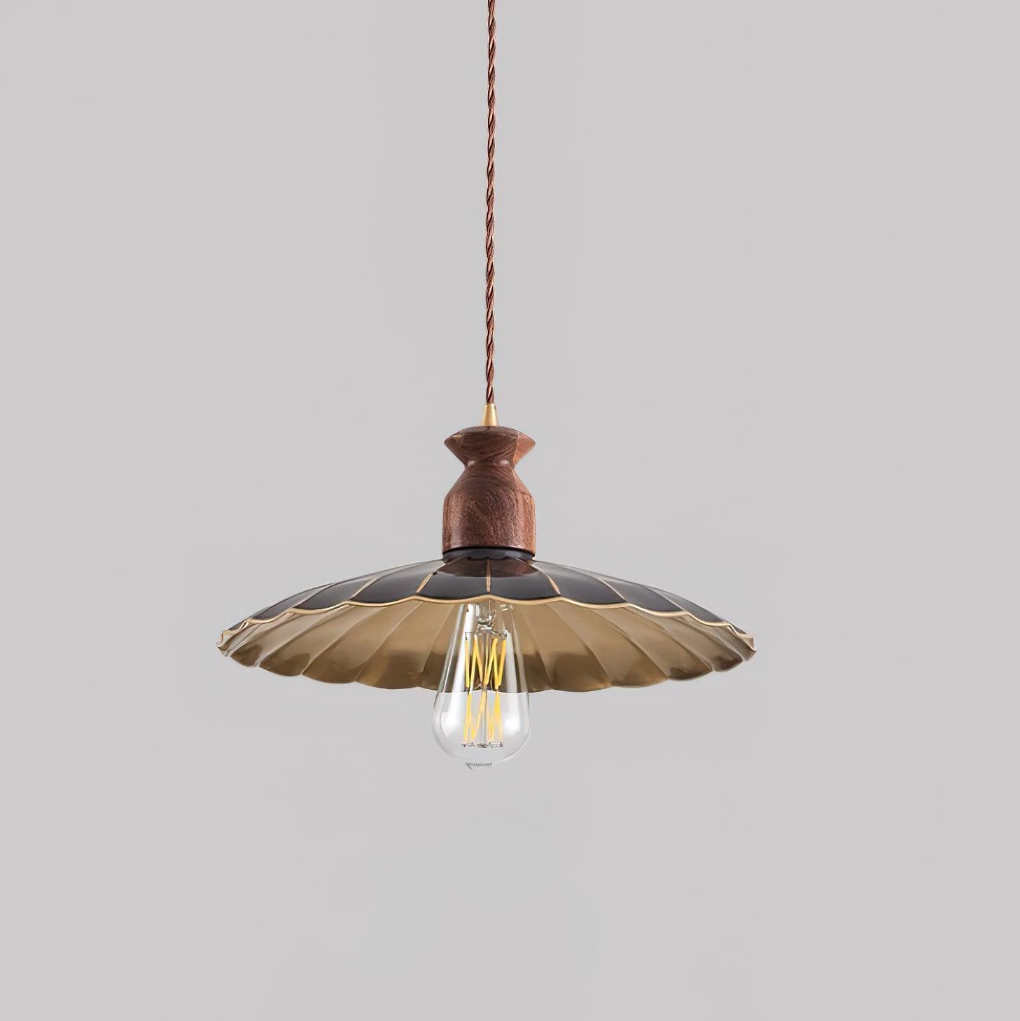 Pendant Lamp Scalloped Brass Shade Walnut Wood Vintage - Neutralighting