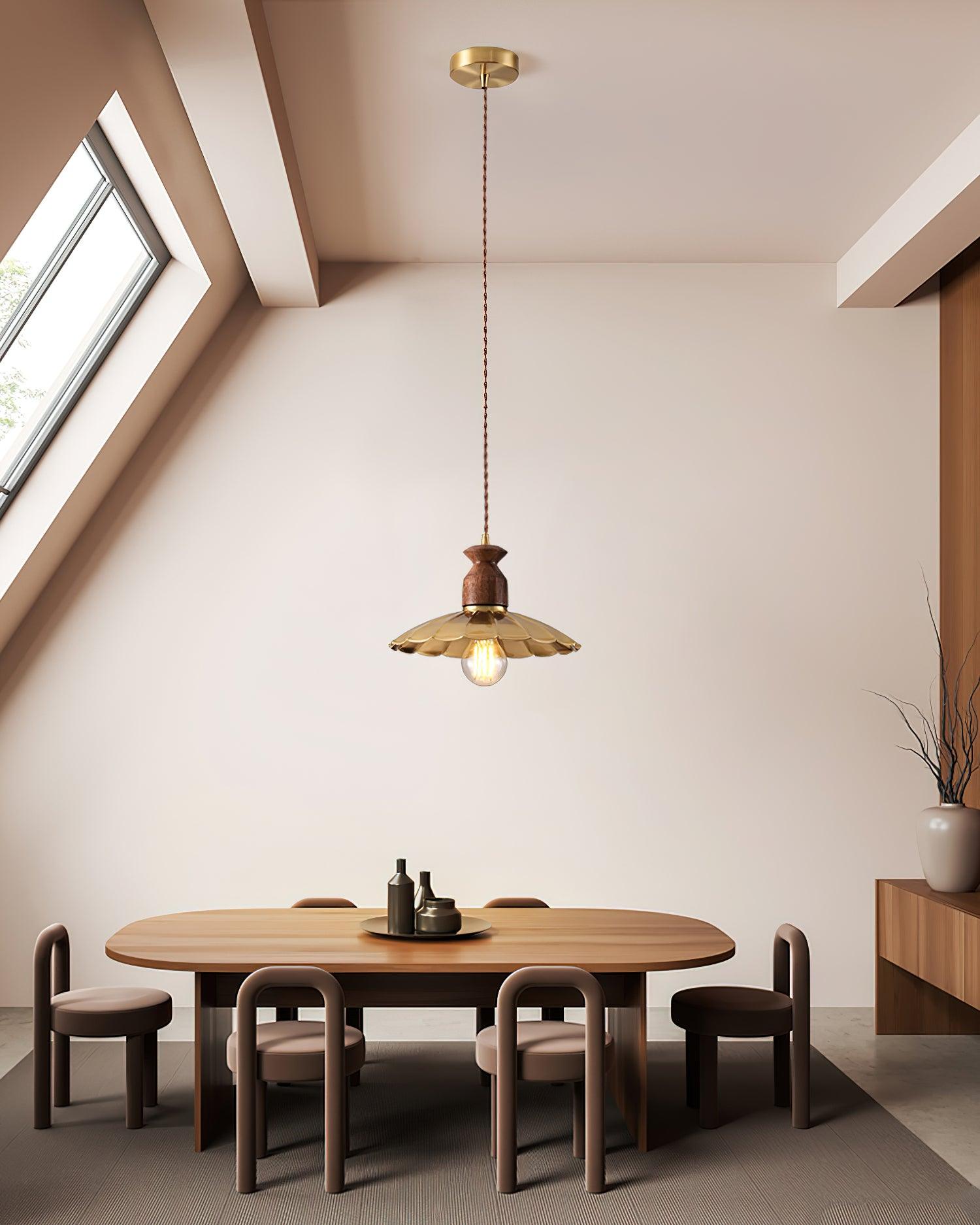 Pendant Lamp Scalloped Brass Shade Walnut Wood Vintage - Neutralighting