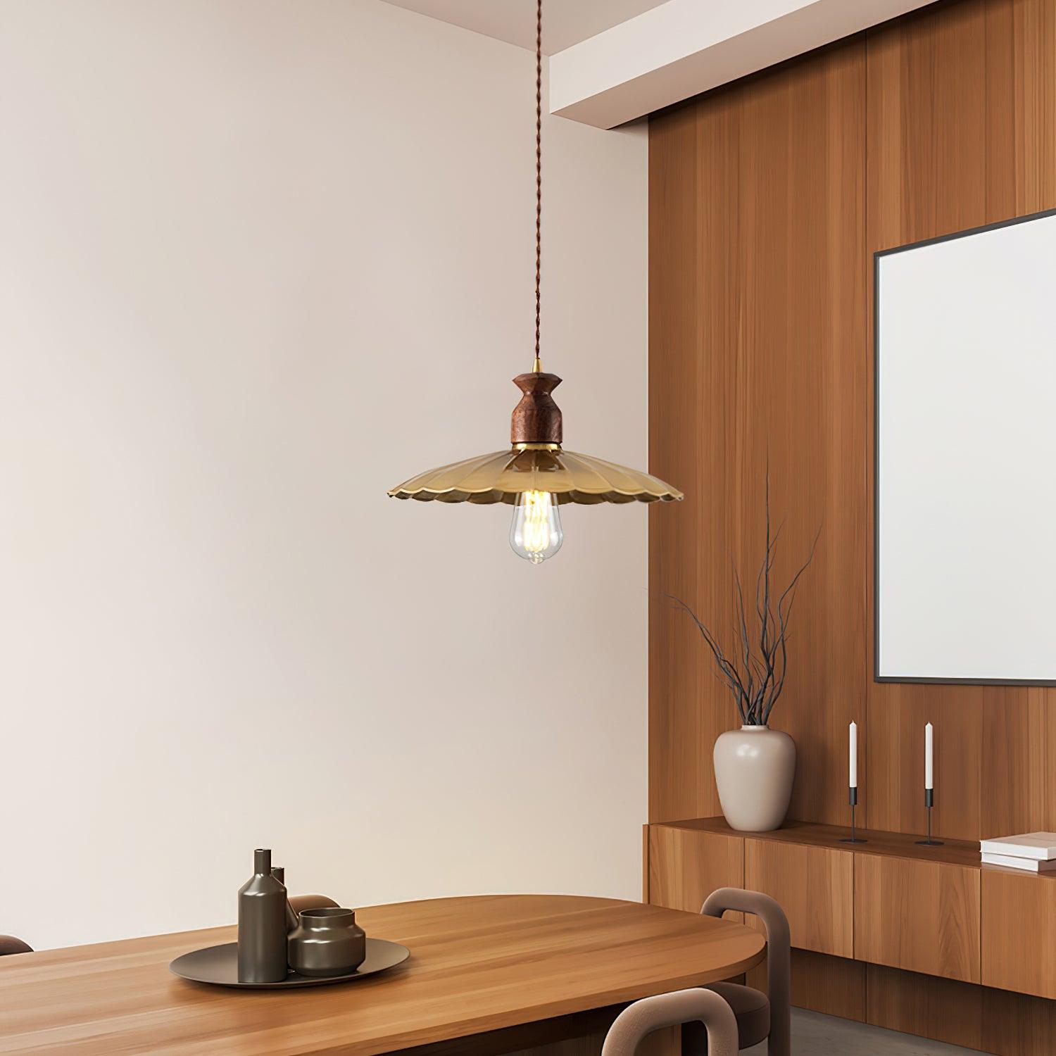 Pendant Lamp Scalloped Brass Shade Walnut Wood Vintage - Neutralighting
