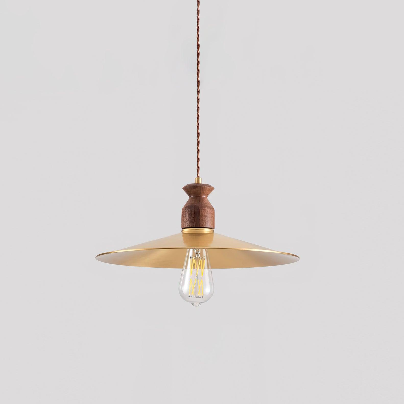 Pendant Lamp Scalloped Brass Shade Walnut Wood Vintage - Neutralighting