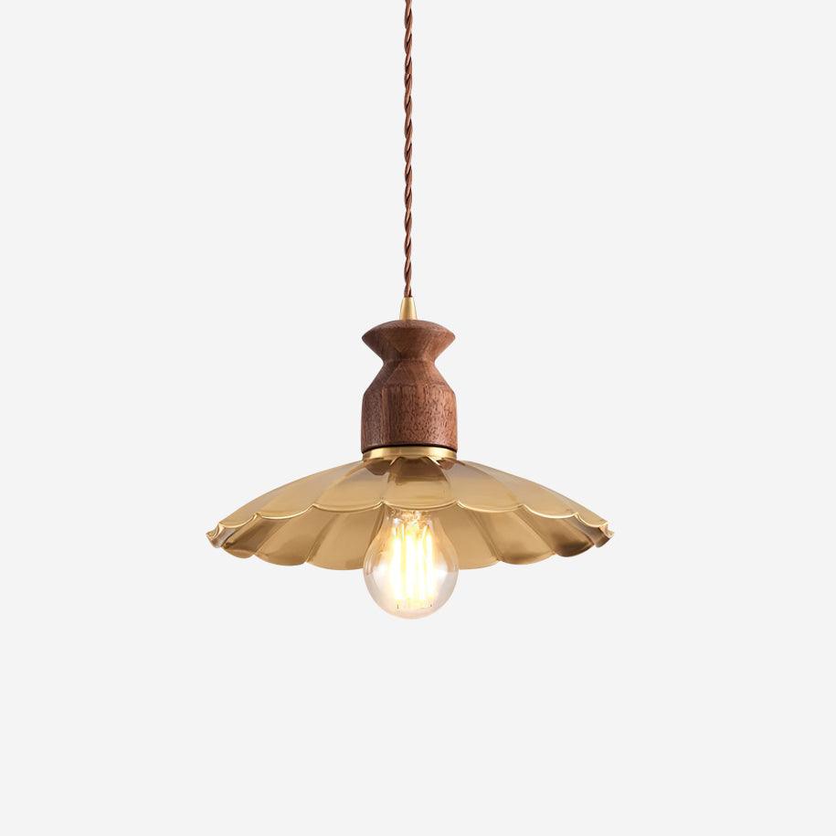 Pendant Lamp Scalloped Brass Shade Walnut Wood Vintage - Neutralighting