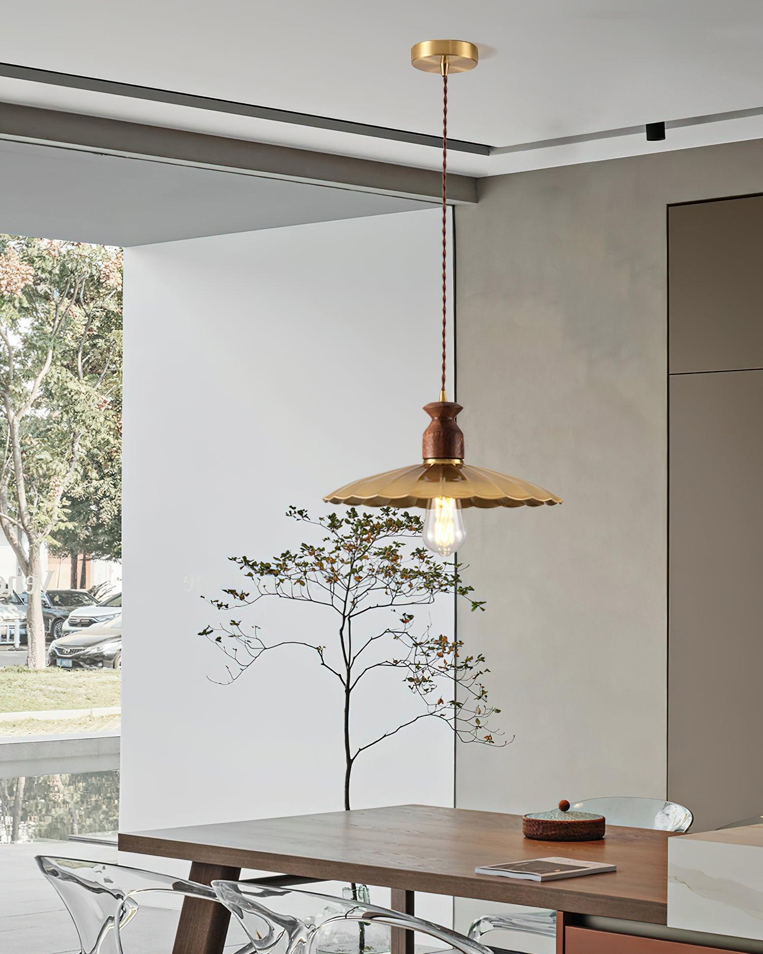 Pendant Lamp Scalloped Brass Shade Walnut Wood Vintage - Neutralighting