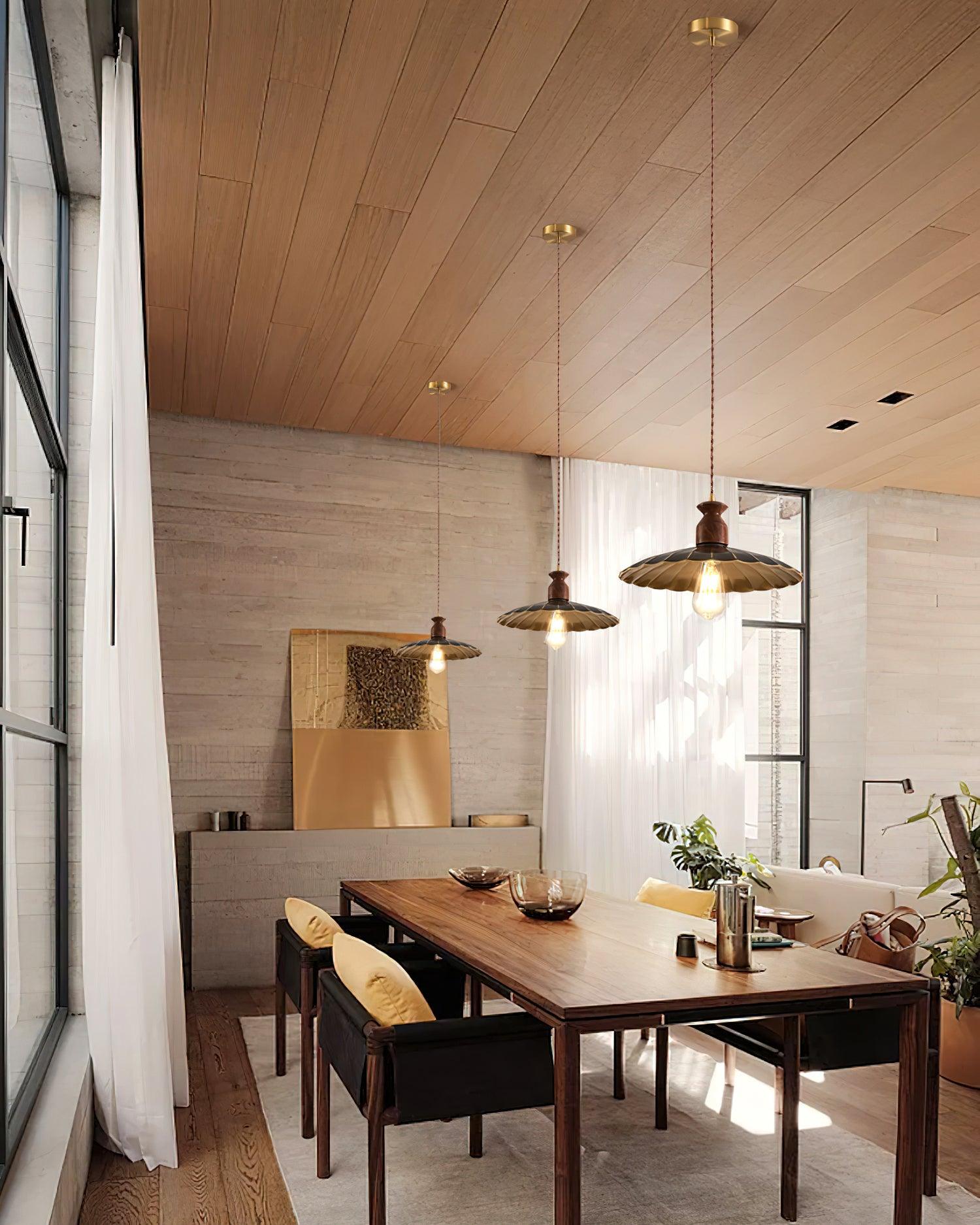 Pendant Lamp Scalloped Brass Shade Walnut Wood Vintage - Neutralighting