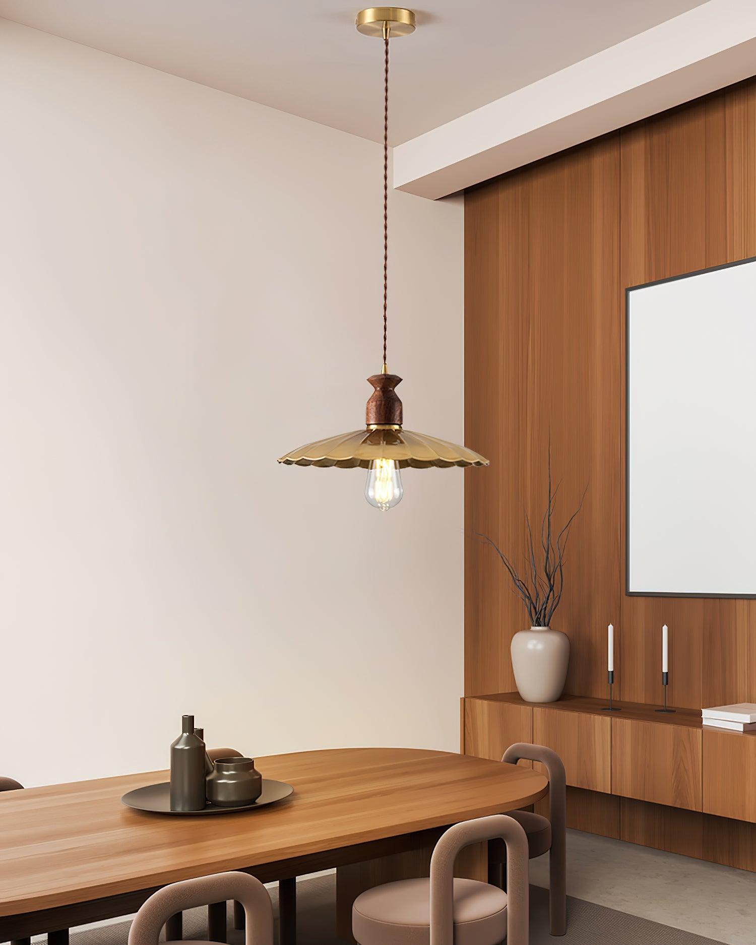 Pendant Lamp Scalloped Brass Shade Walnut Wood Vintage - Neutralighting