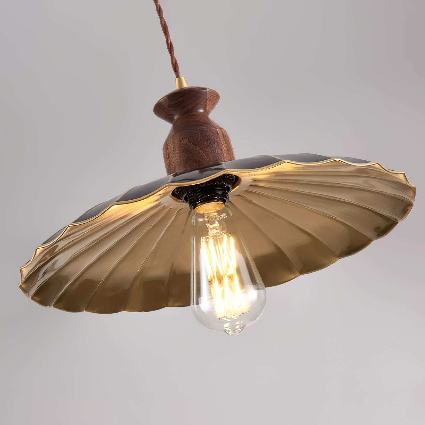 Pendant Lamp Scalloped Brass Shade Walnut Wood Vintage - Neutralighting