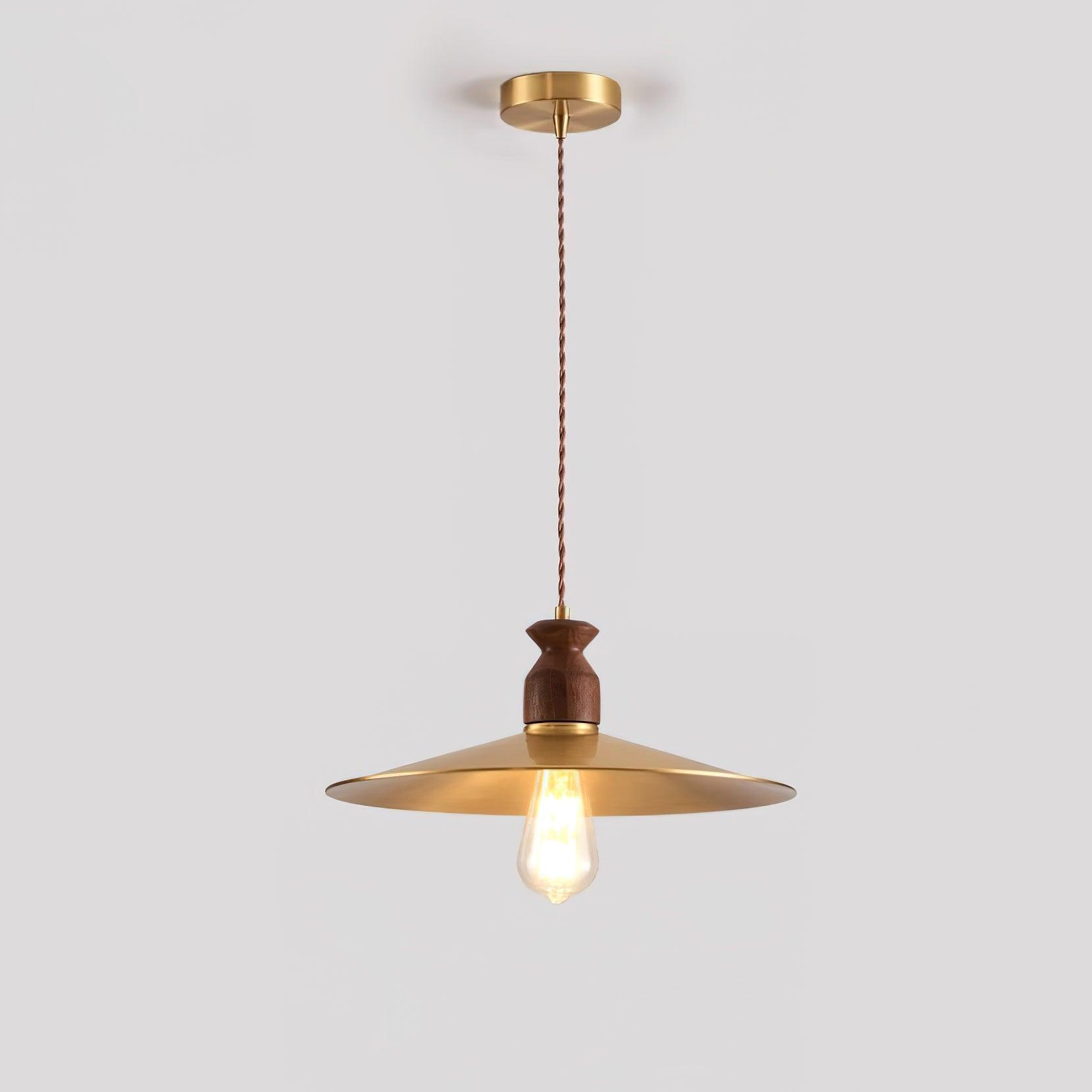 Pendant Lamp Scalloped Brass Shade Walnut Wood Vintage - Neutralighting