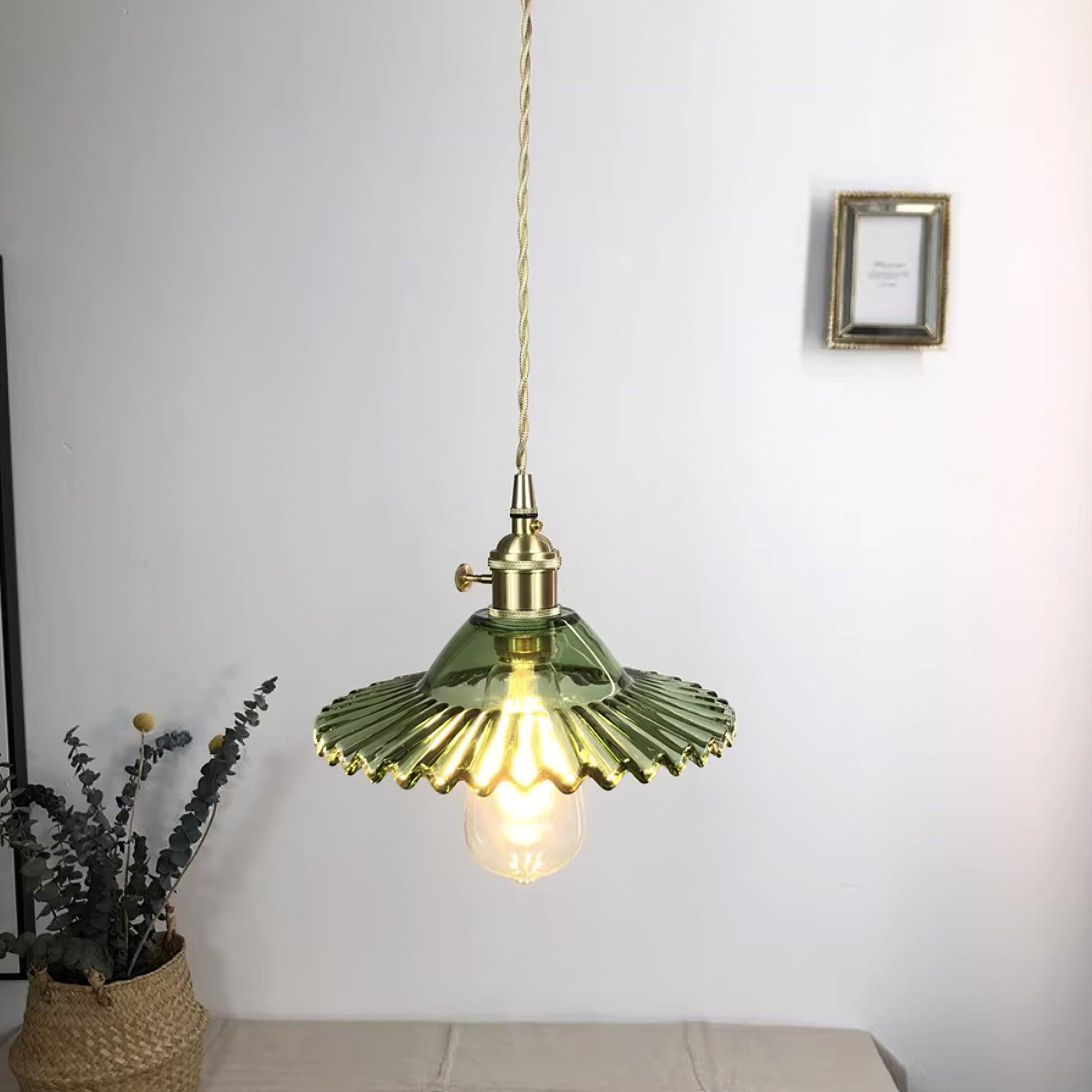 Pendant Lamp Ruffled Glass Shade Scalloped Edge Brass Accents Retro - Neutralighting