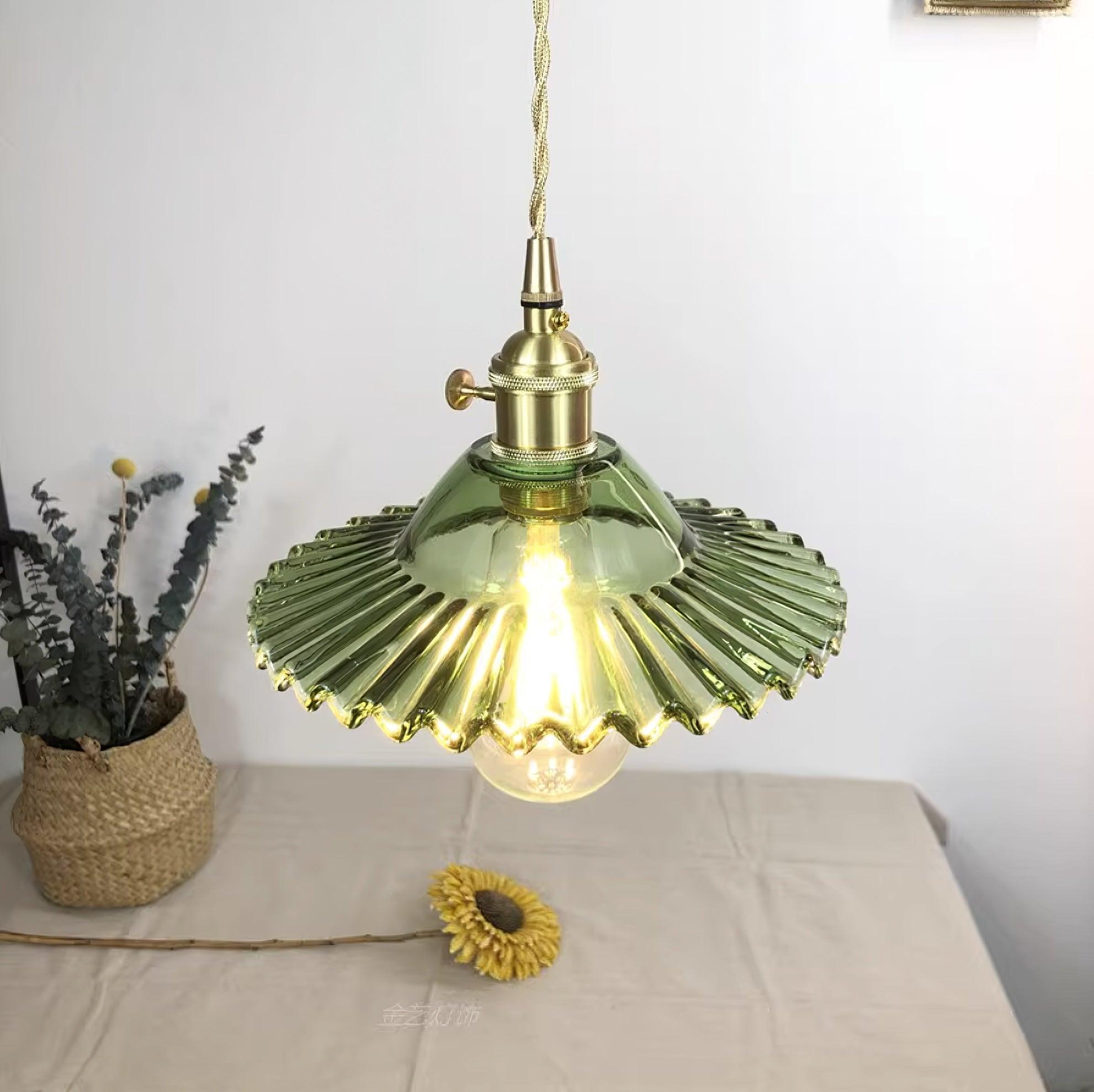 Pendant Lamp Ruffled Glass Shade Scalloped Edge Brass Accents Retro - Neutralighting