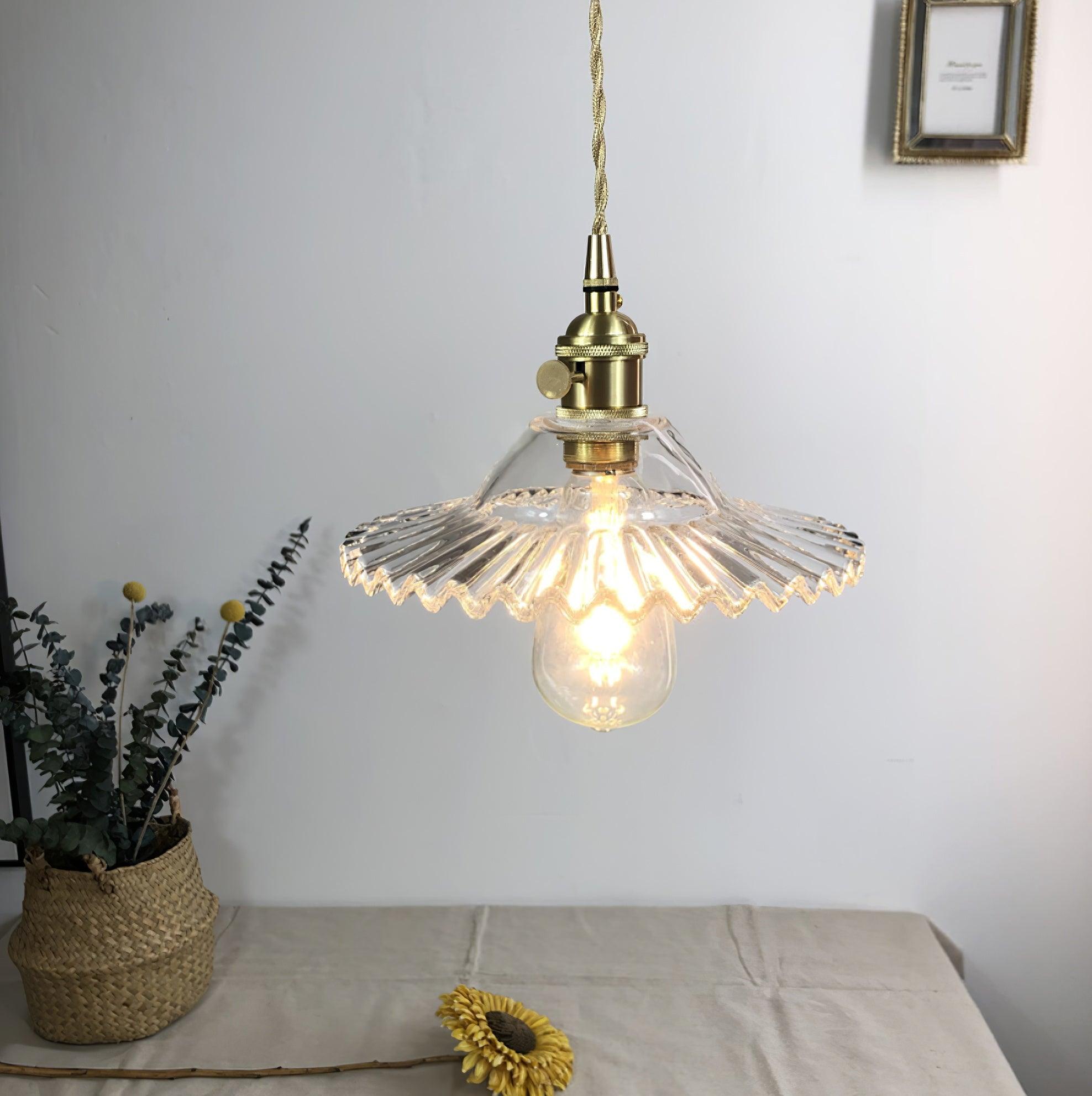 Pendant Lamp Ruffled Glass Shade Scalloped Edge Brass Accents Retro - Neutralighting