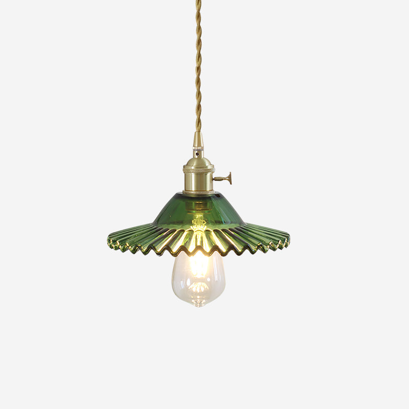 Pendant Lamp Ruffled Glass Shade Scalloped Edge Brass Accents Retro - Neutralighting