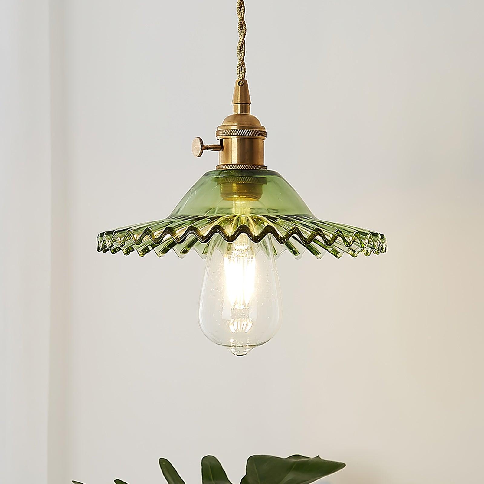 Pendant Lamp Ruffled Glass Shade Scalloped Edge Brass Accents Retro - Neutralighting