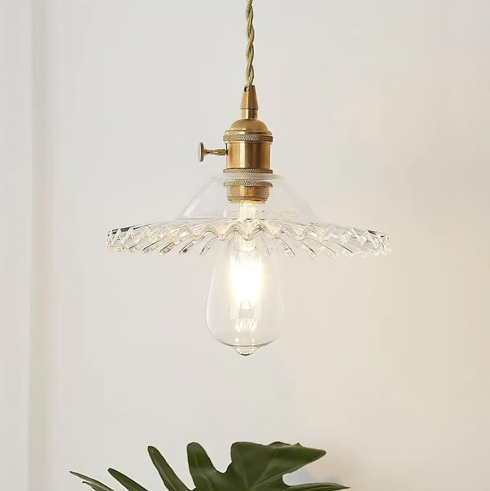 Pendant Lamp Ruffled Glass Shade Scalloped Edge Brass Accents Retro - Neutralighting
