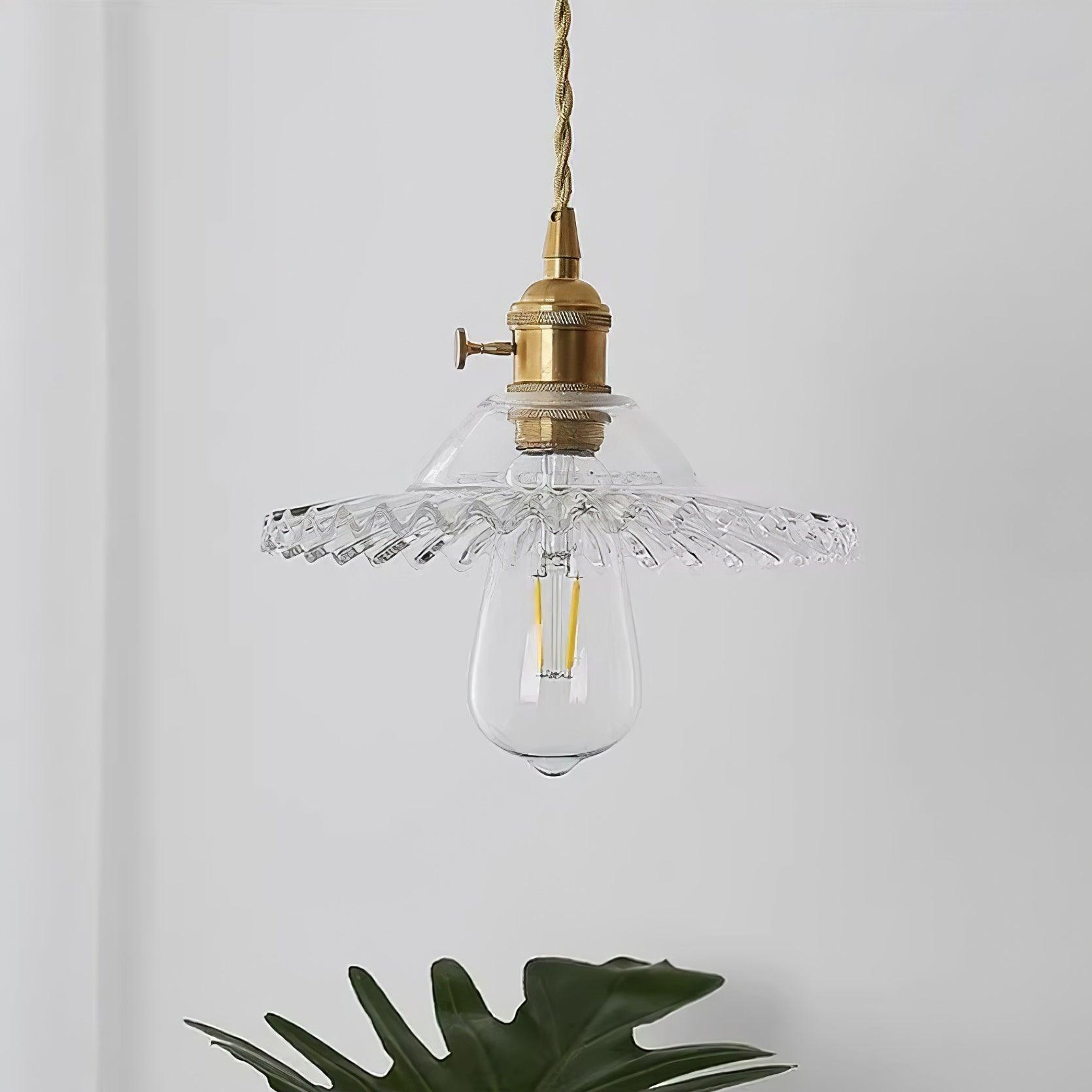 Pendant Lamp Ruffled Glass Shade Scalloped Edge Brass Accents Retro - Neutralighting