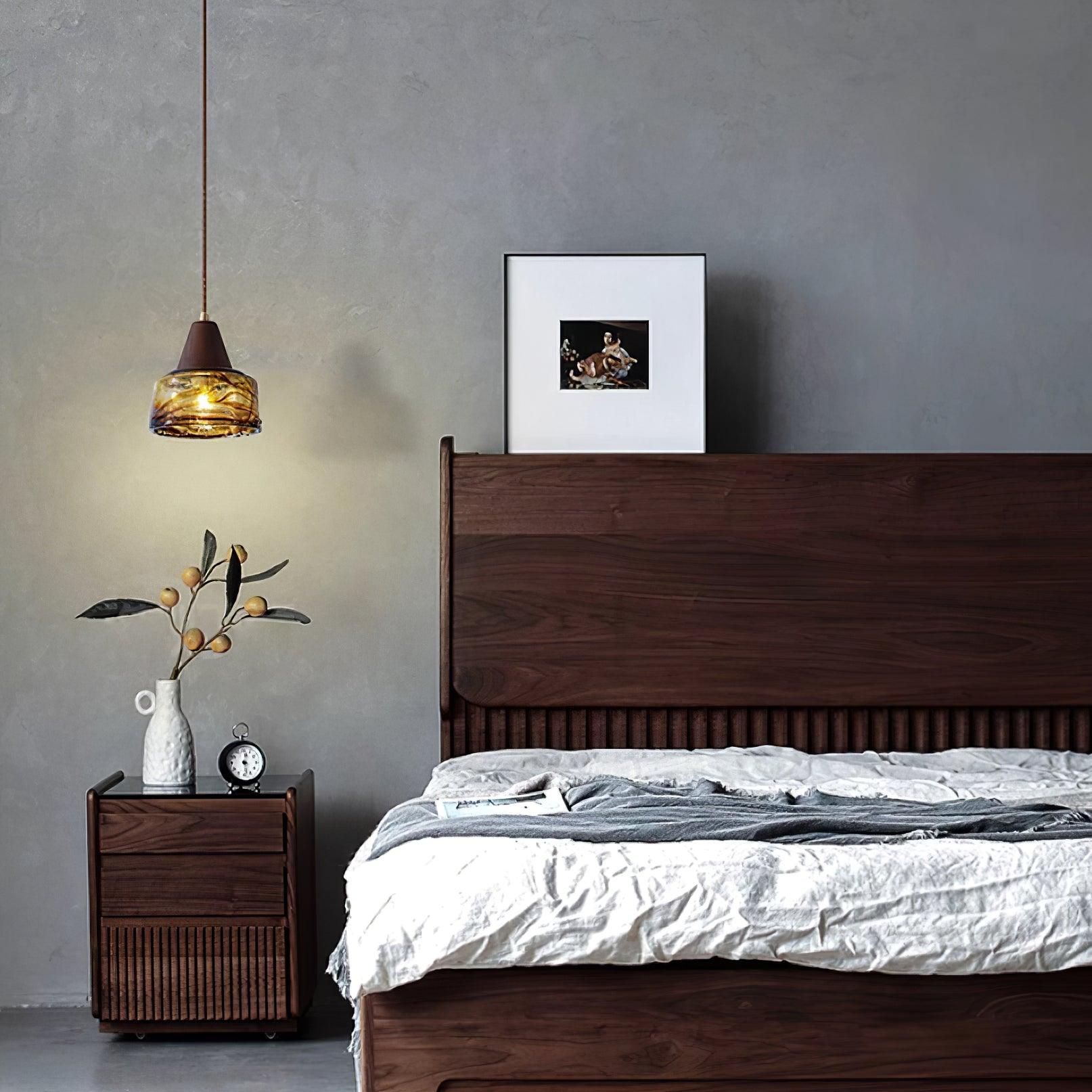 Pendant Lamp Amber Glass Shade Wood Top Vintage Artistic - Neutralighting