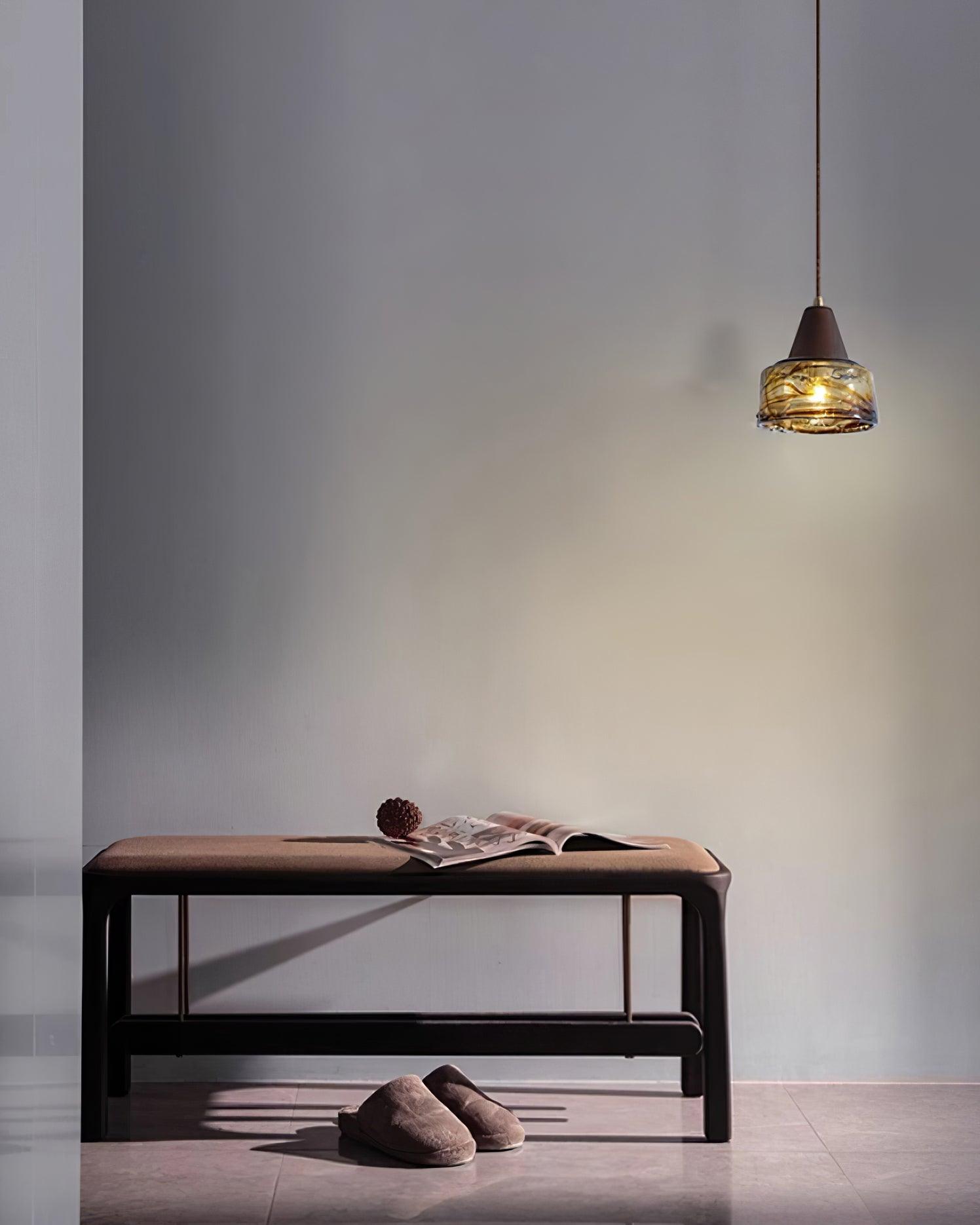 Pendant Lamp Amber Glass Shade Wood Top Vintage Artistic - Neutralighting