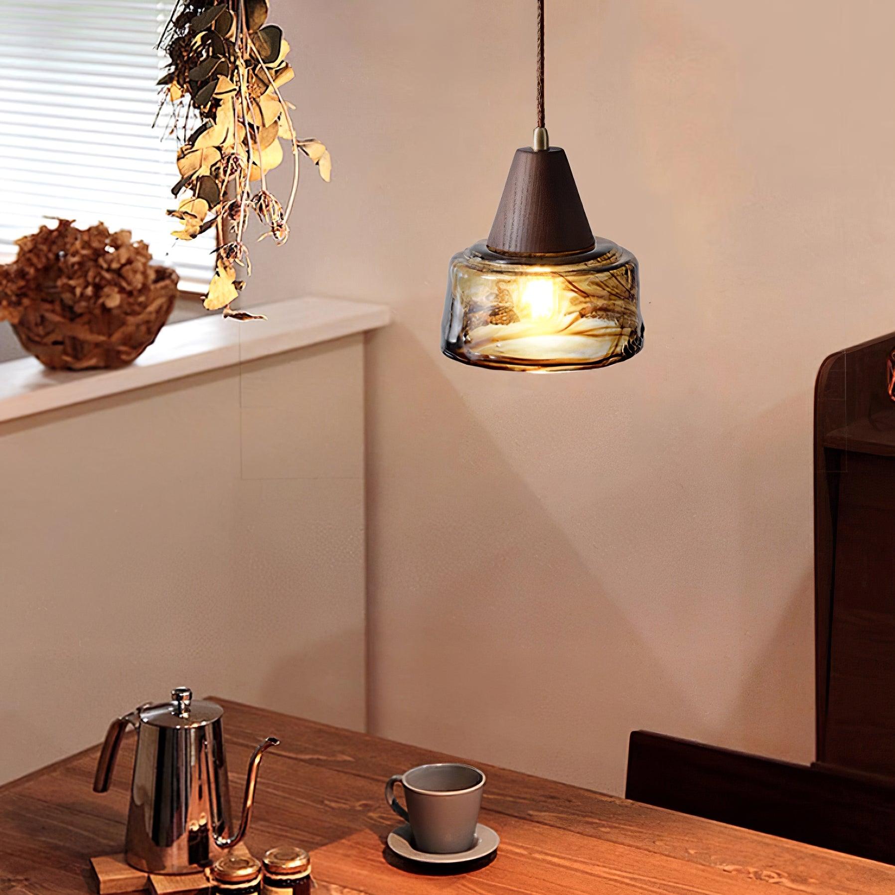 Pendant Lamp Amber Glass Shade Wood Top Vintage Artistic - Neutralighting