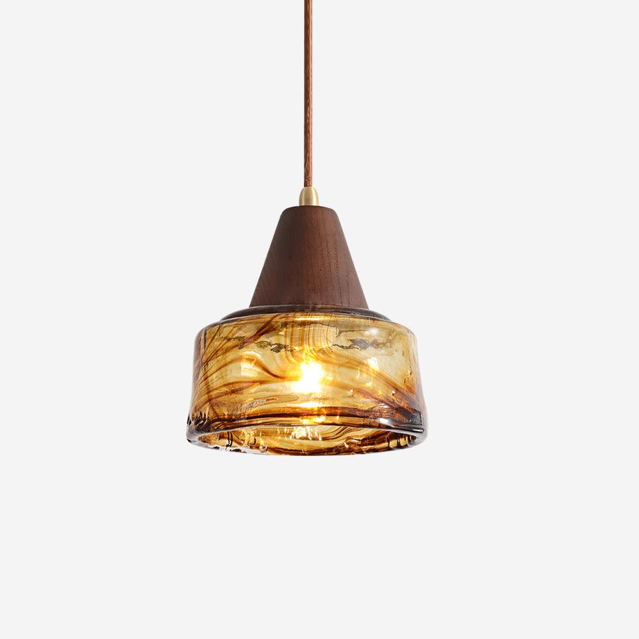 Pendant Lamp Amber Glass Shade Wood Top Vintage Artistic - Neutralighting