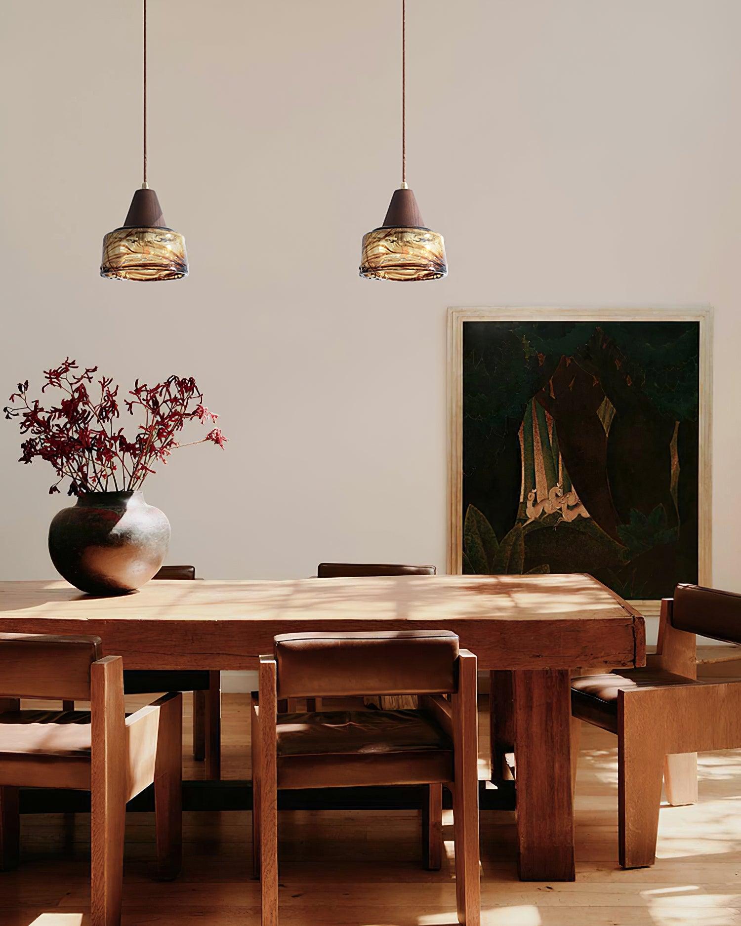 Pendant Lamp Amber Glass Shade Wood Top Vintage Artistic - Neutralighting