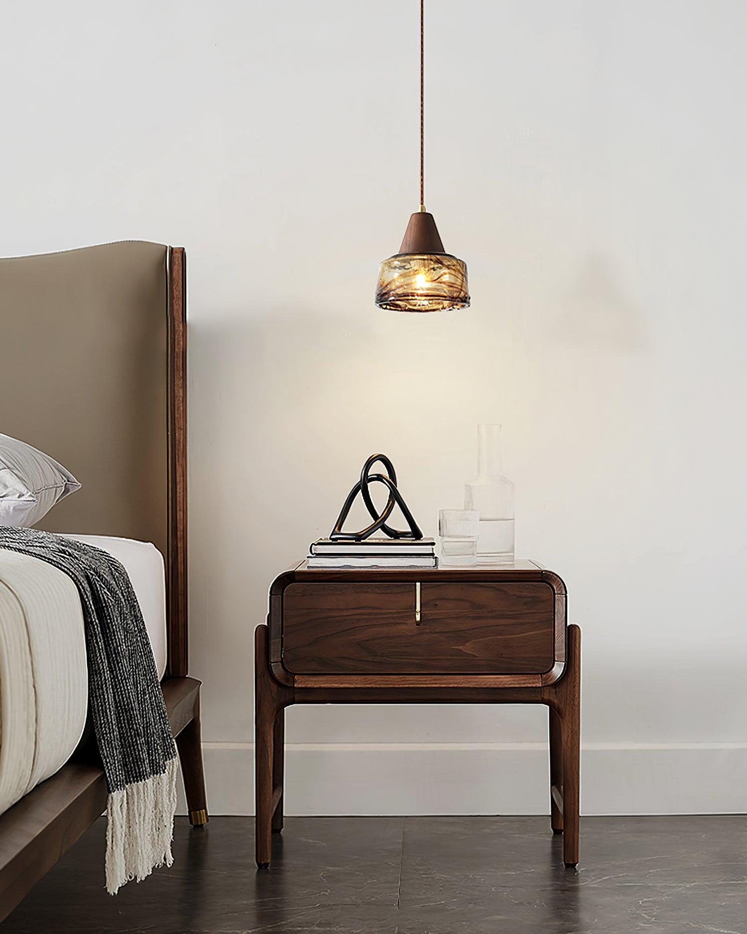 Pendant Lamp Amber Glass Shade Wood Top Vintage Artistic - Neutralighting