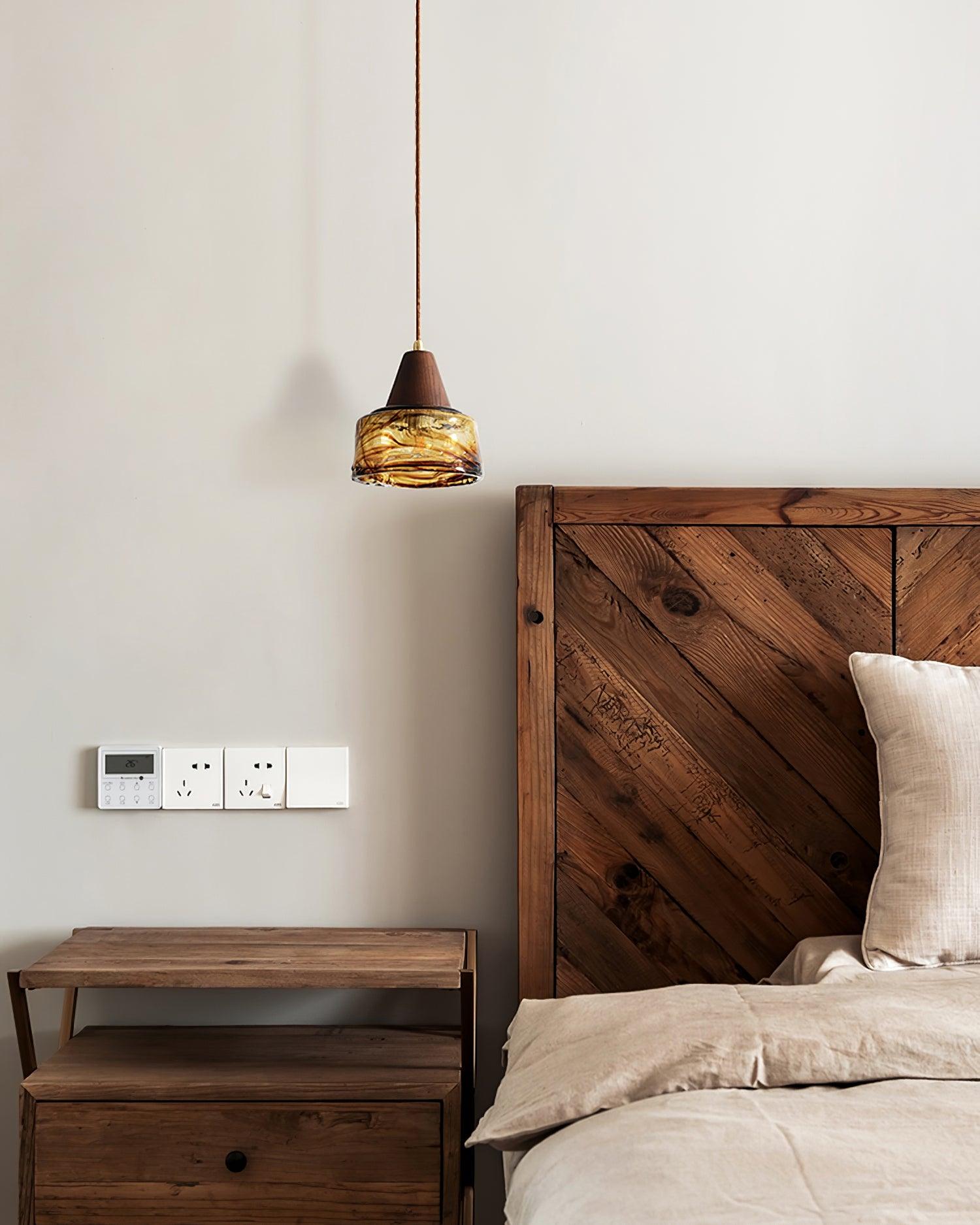 Pendant Lamp Amber Glass Shade Wood Top Vintage Artistic - Neutralighting