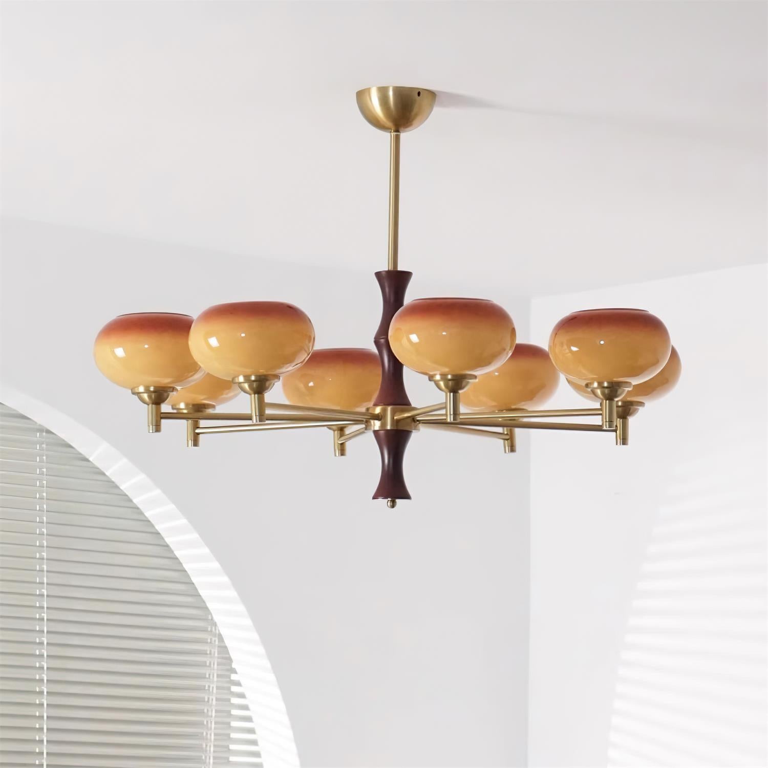 Chandelier Caramel Glass Globes Walnut Wood Arms Vintage - Neutralighting