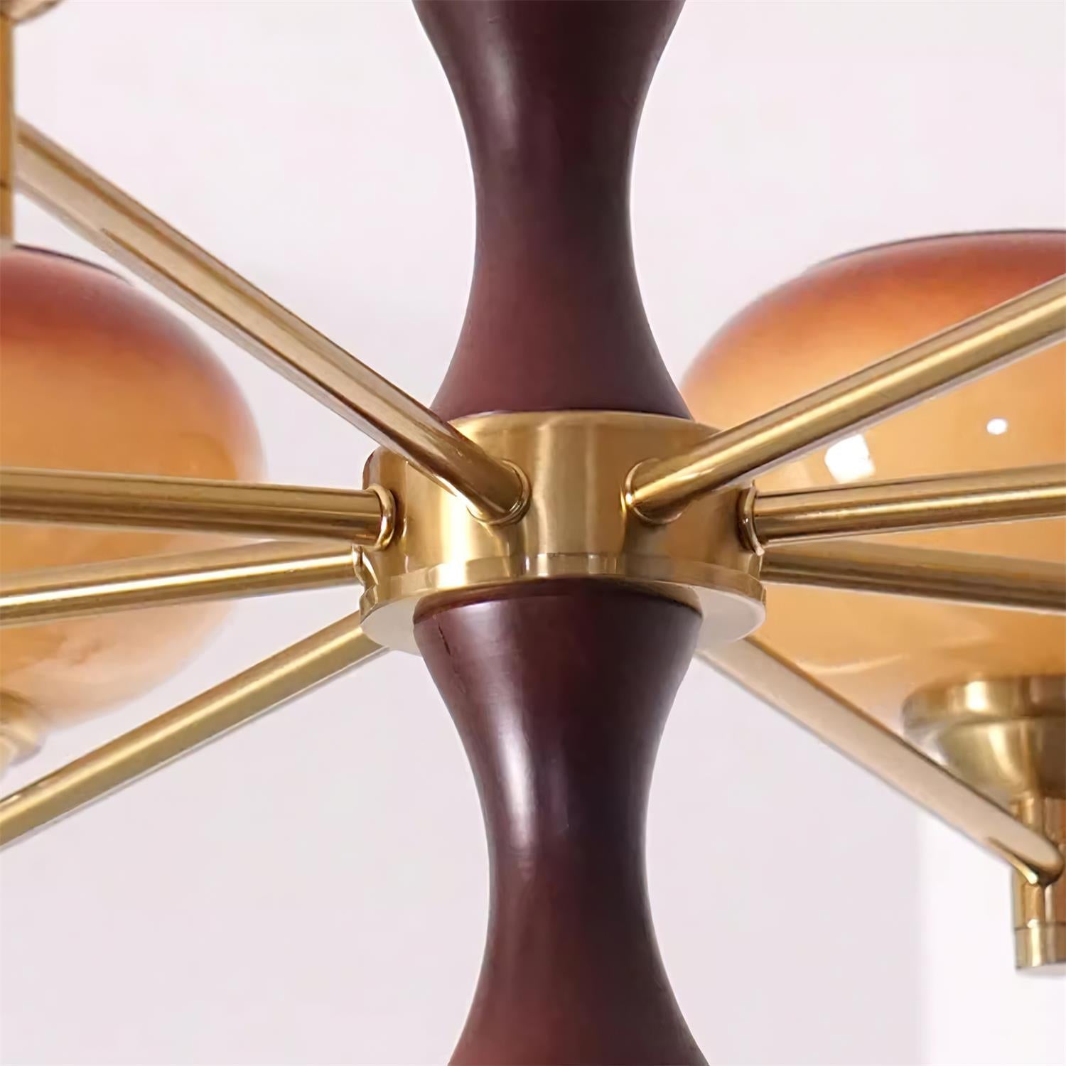 Chandelier Caramel Glass Globes Walnut Wood Arms Vintage - Neutralighting