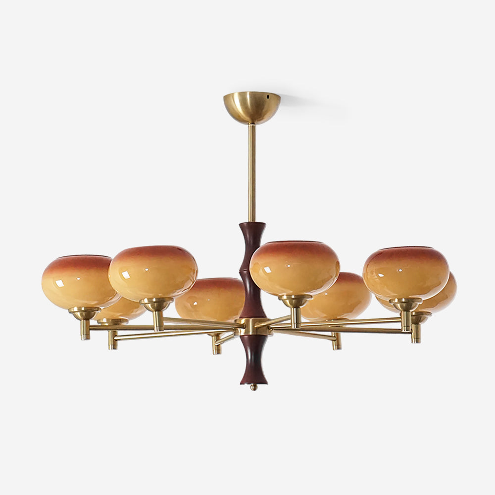 Chandelier Caramel Glass Globes Walnut Wood Arms Vintage - Neutralighting
