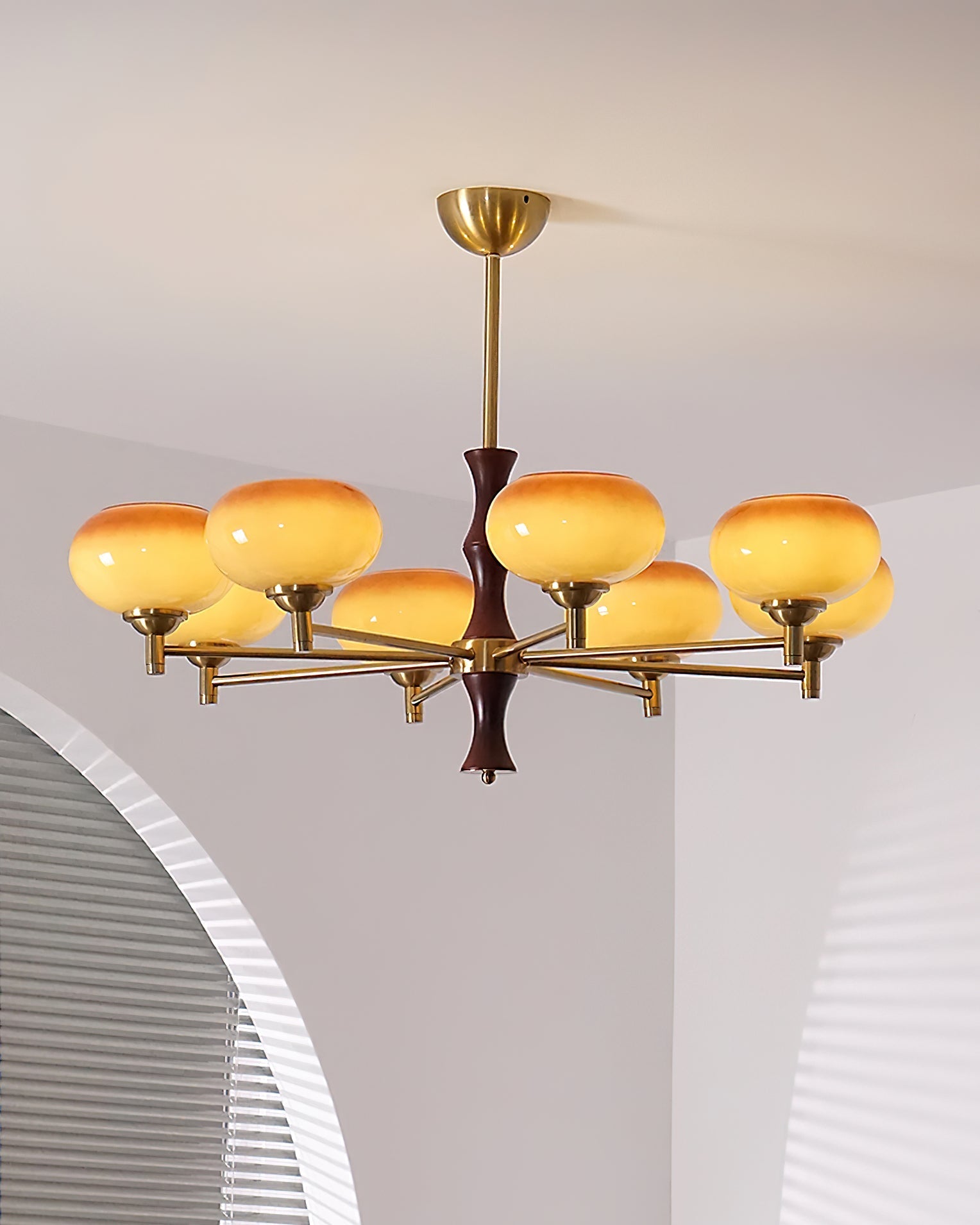 Chandelier Caramel Glass Globes Walnut Wood Arms Vintage - Neutralighting