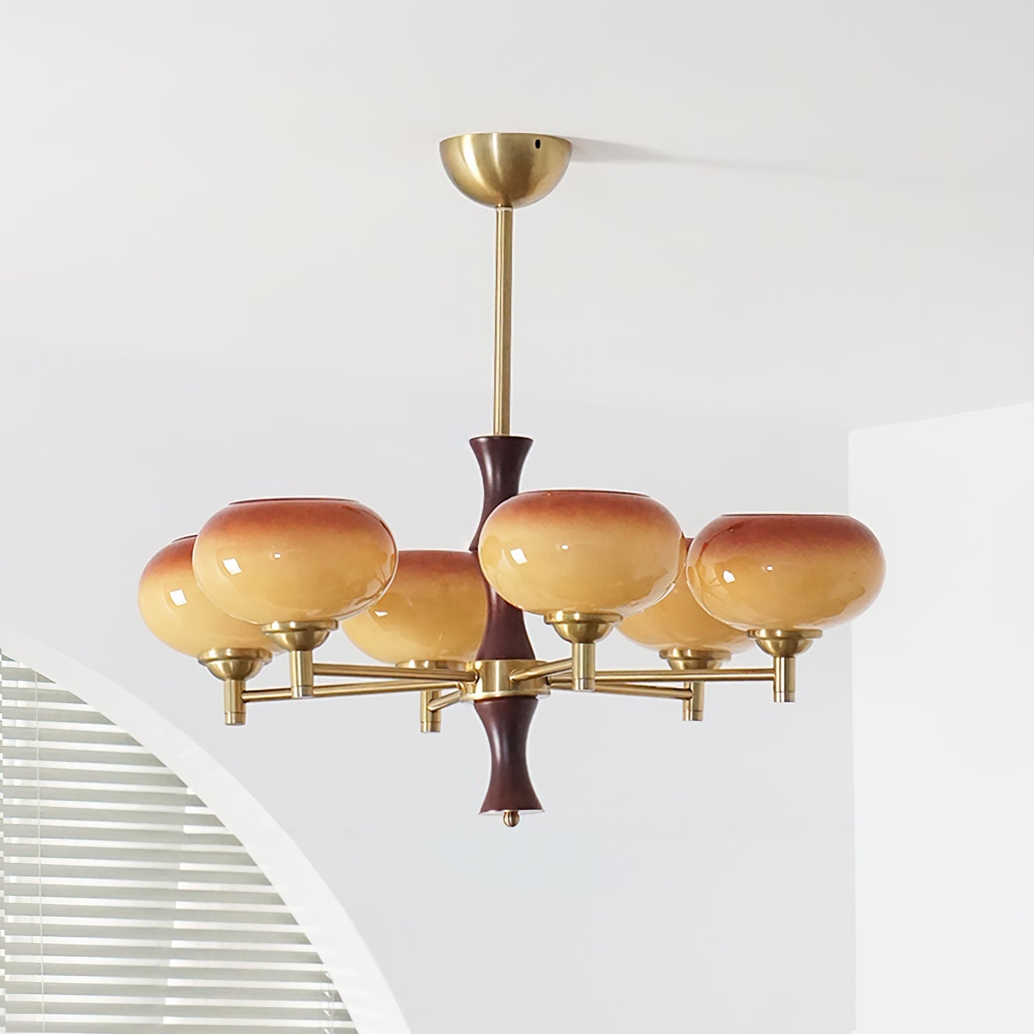 Chandelier Caramel Glass Globes Walnut Wood Arms Vintage - Neutralighting