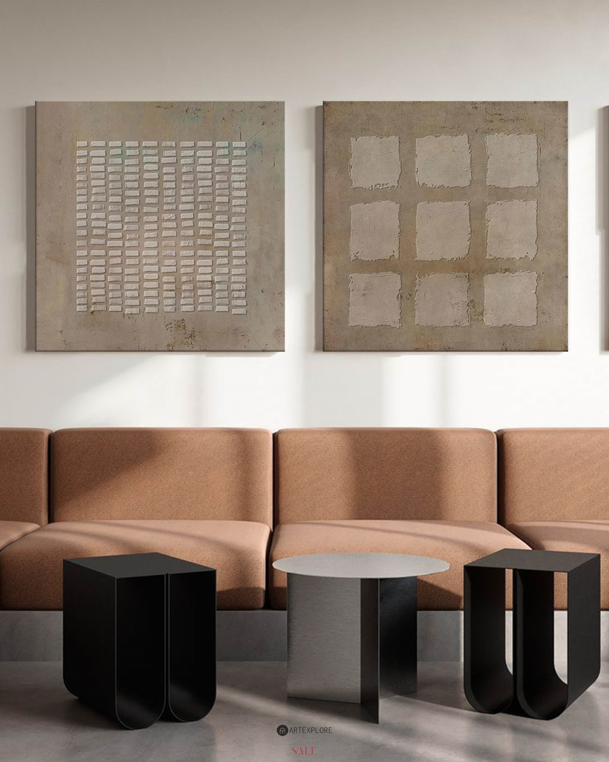 Earthy Beige‑Brown Grid‑Geometric Diptych Abstract  Embossed Textured Artwork