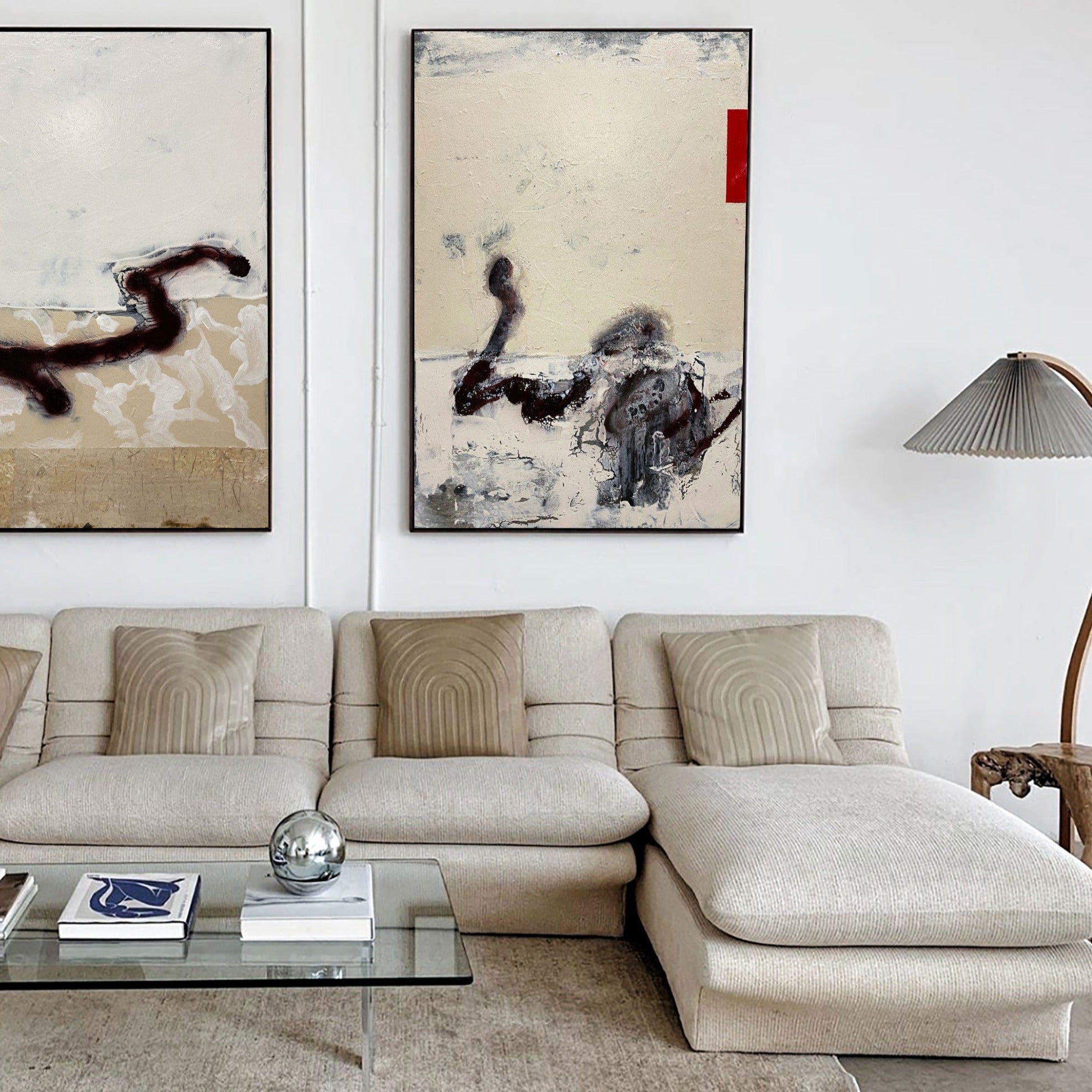 Minimalist Abstract Beige Black Red Diptych