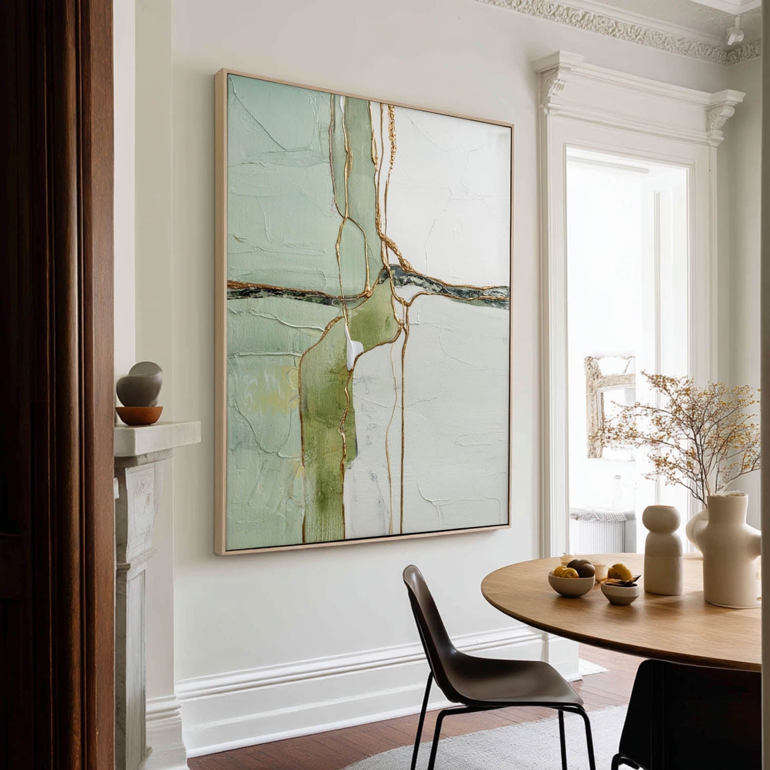 Sage‑Green‑White‑Gold Vertical Abstract Gilded Vein Textured Artwork