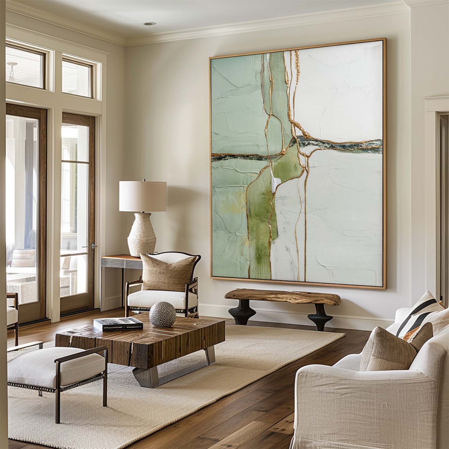 Sage‑Green‑White‑Gold Vertical Abstract Gilded Vein Textured Artwork