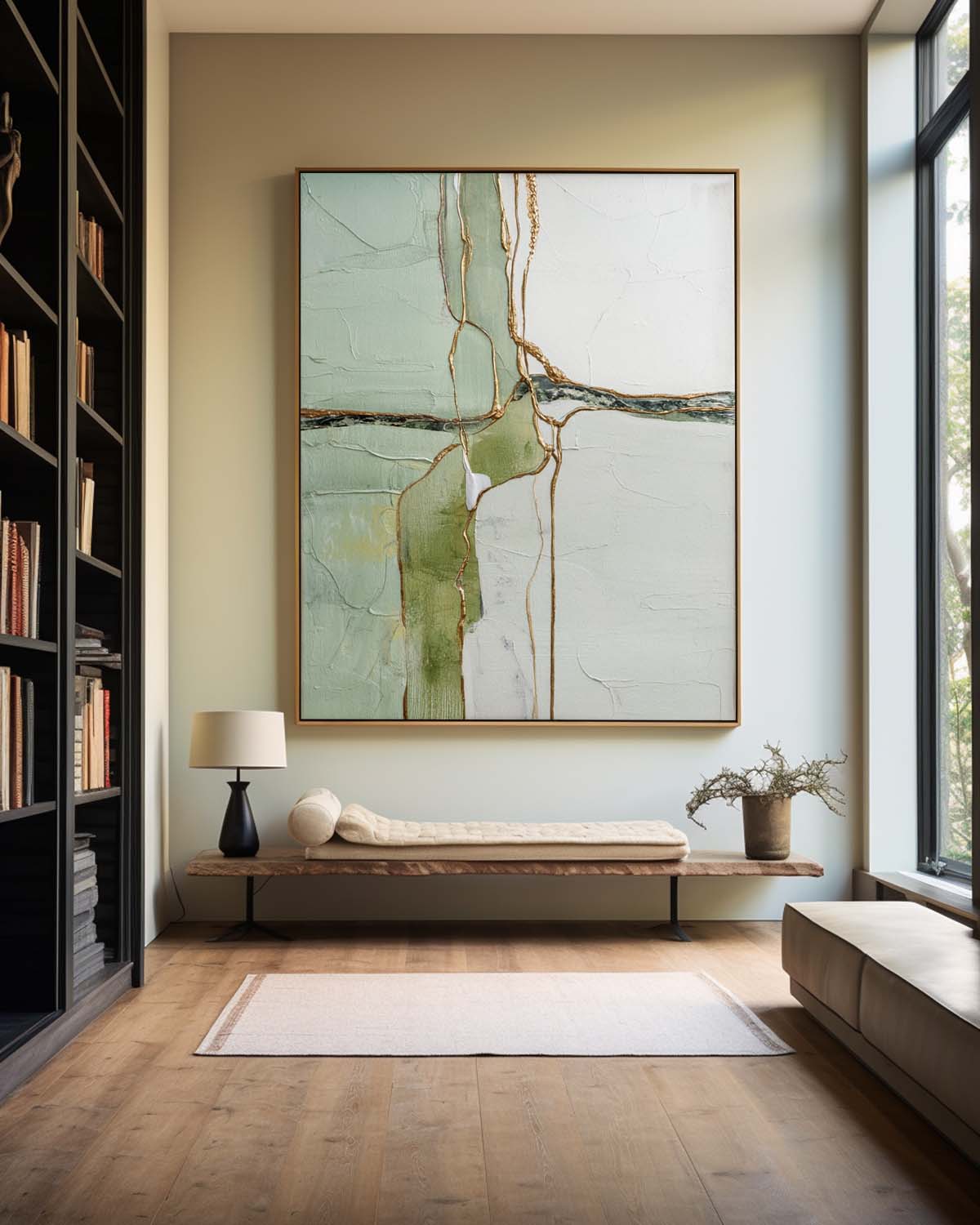 Sage‑Green‑White‑Gold Vertical Abstract Gilded Vein Textured Artwork