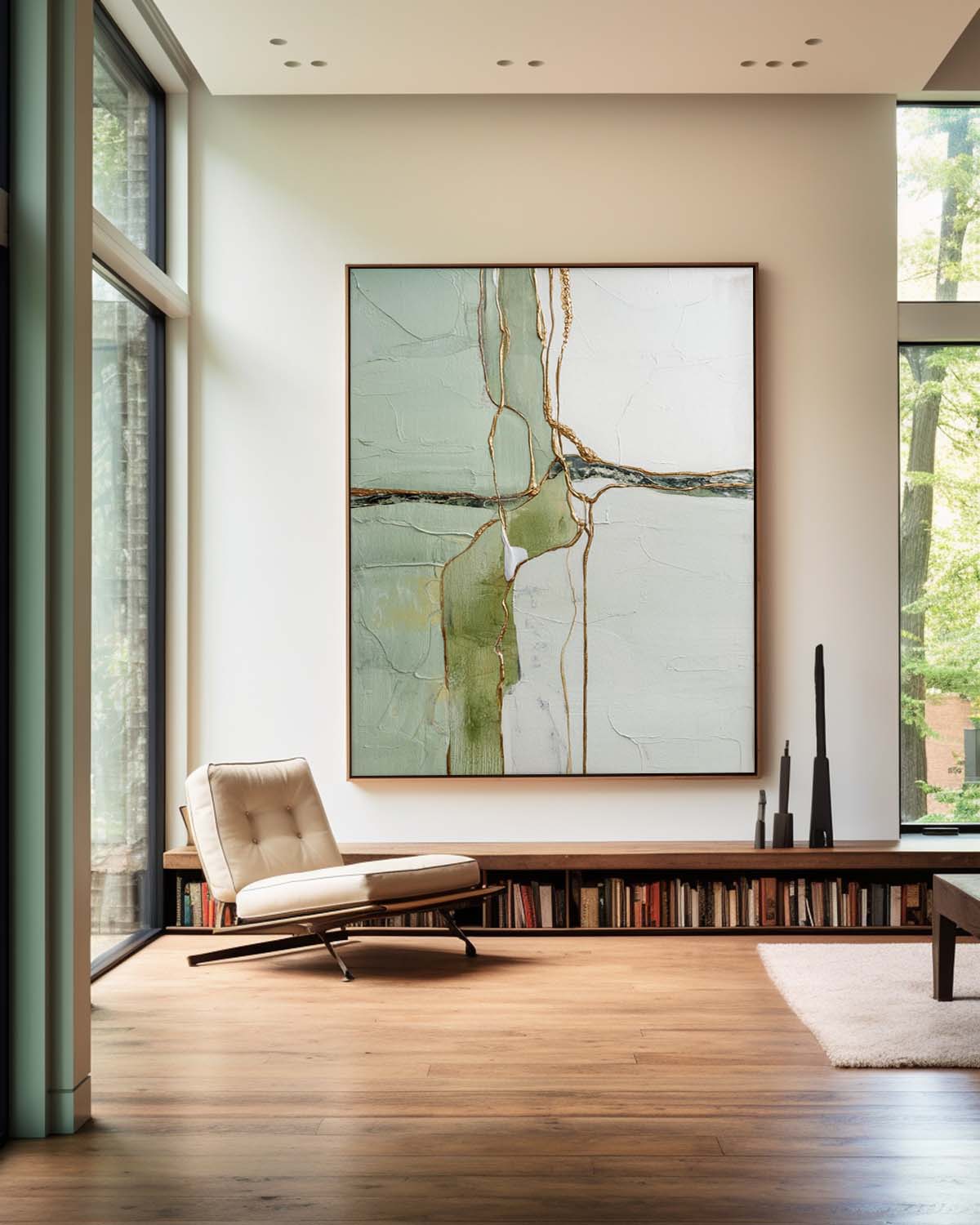 Sage‑Green‑White‑Gold Vertical Abstract Gilded Vein Textured Artwork