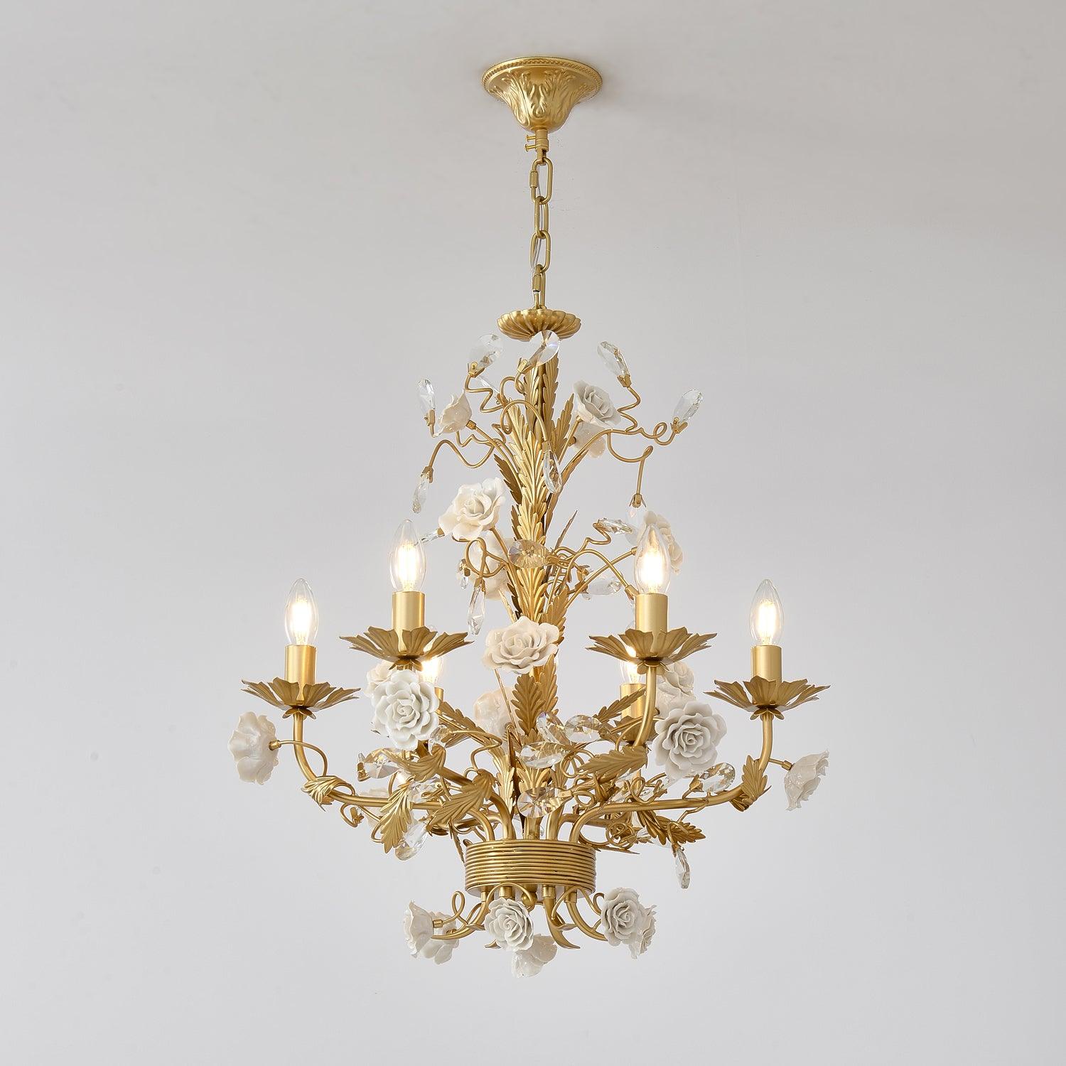 Chandelier Ornate Metal Frame Porcelain Roses Crystal Classic Luxury - Neutralighting