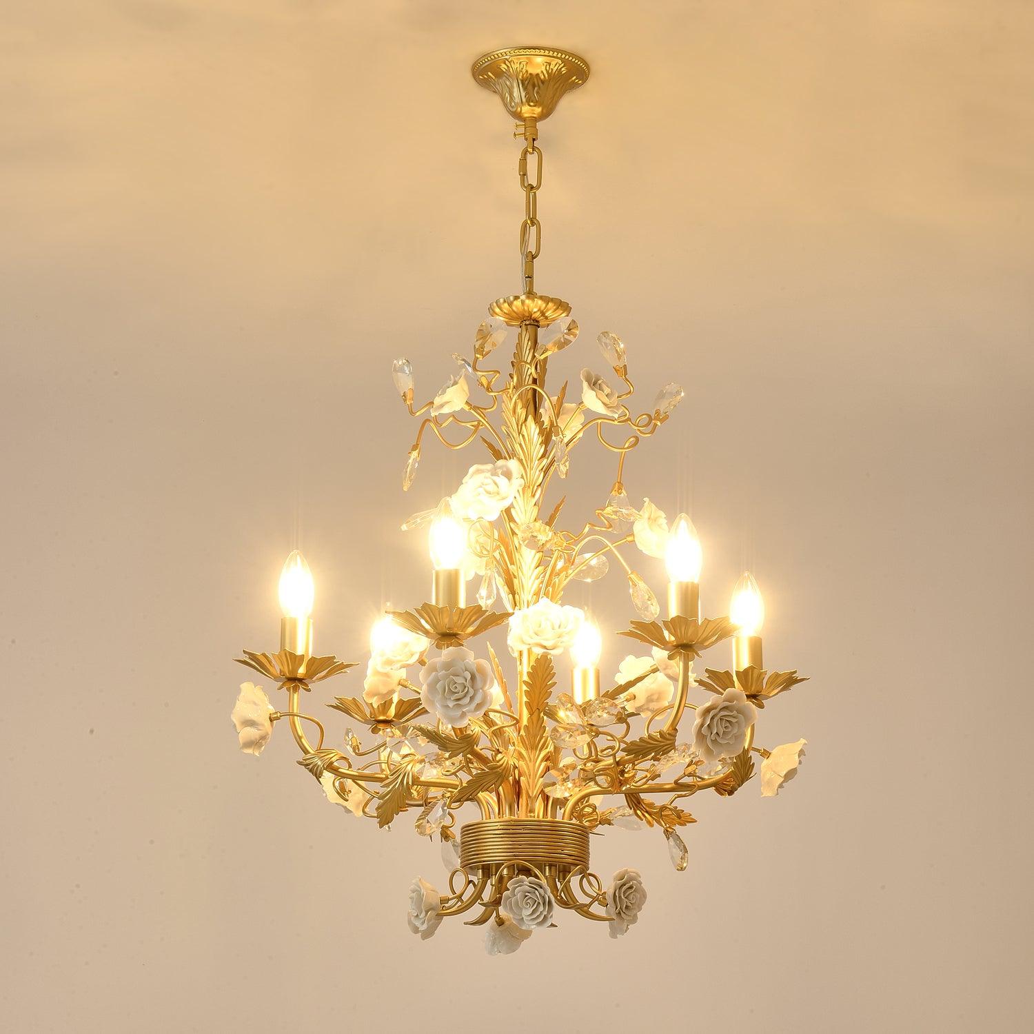 Chandelier Ornate Metal Frame Porcelain Roses Crystal Classic Luxury - Neutralighting