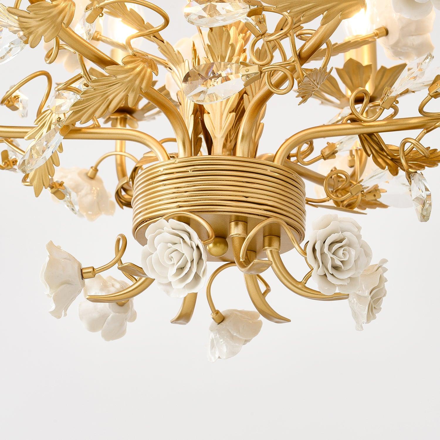 Chandelier Ornate Metal Frame Porcelain Roses Crystal Classic Luxury - Neutralighting