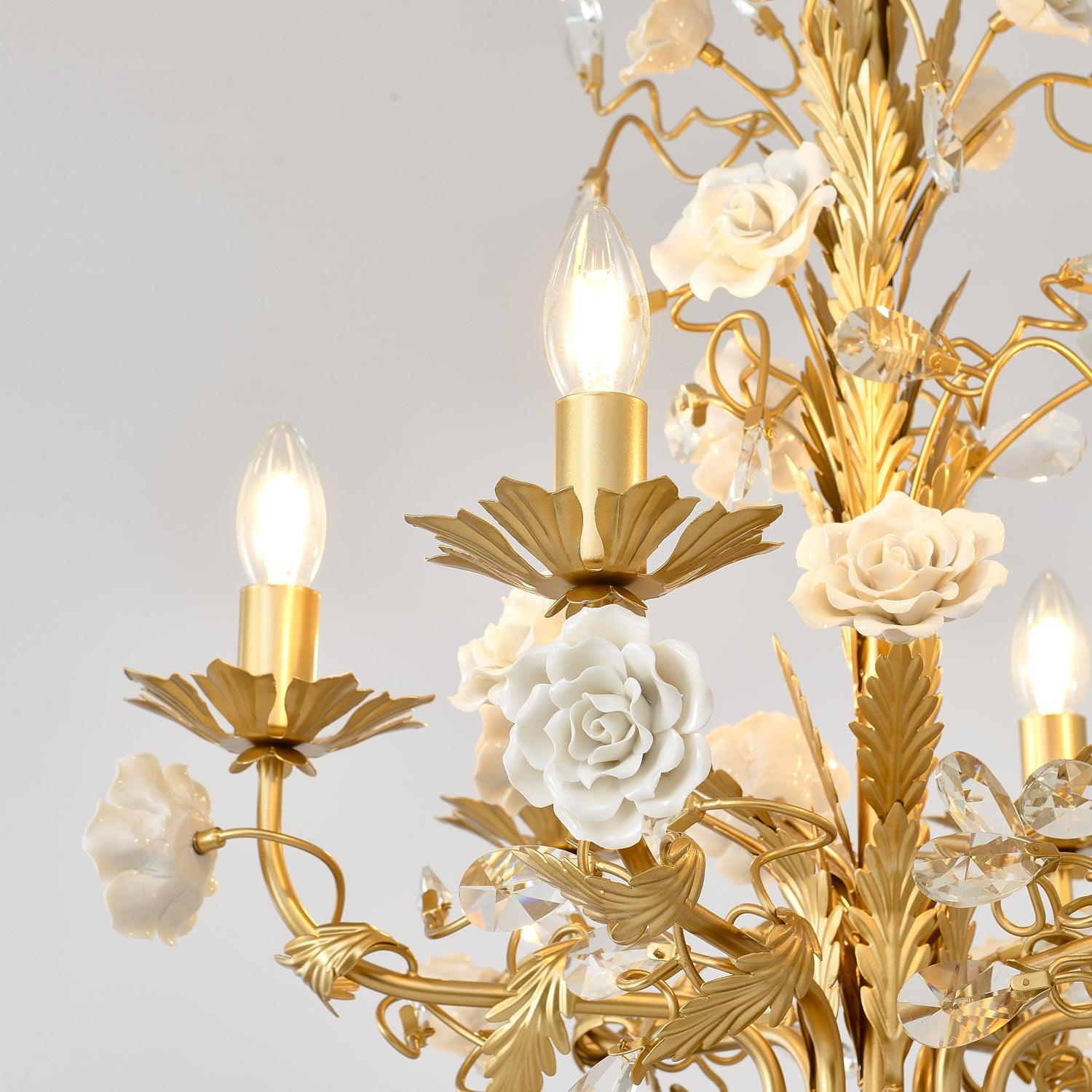 Chandelier Ornate Metal Frame Porcelain Roses Crystal Classic Luxury - Neutralighting